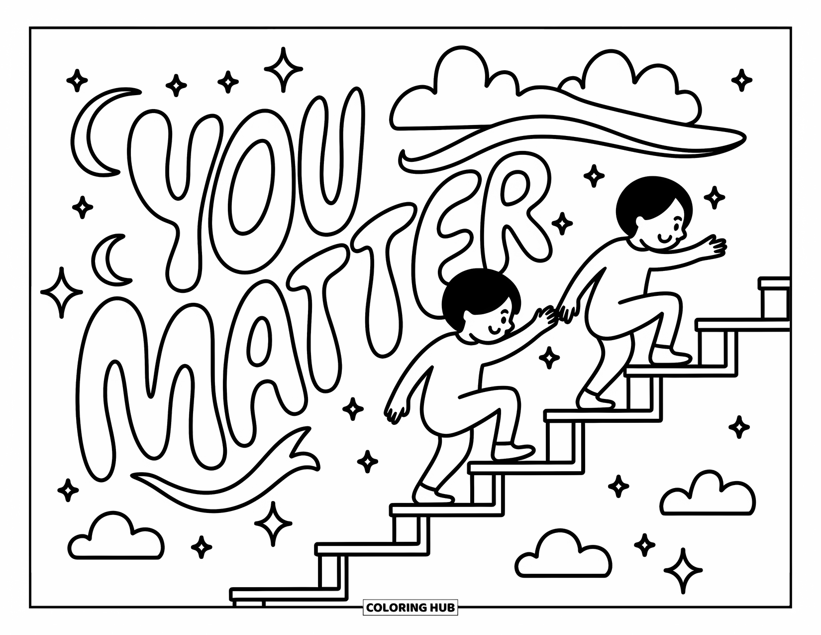 Anti-Bullying Coloring Page for Adults: Sweet moment of kindness on stairs with playful "You Matter" wall art