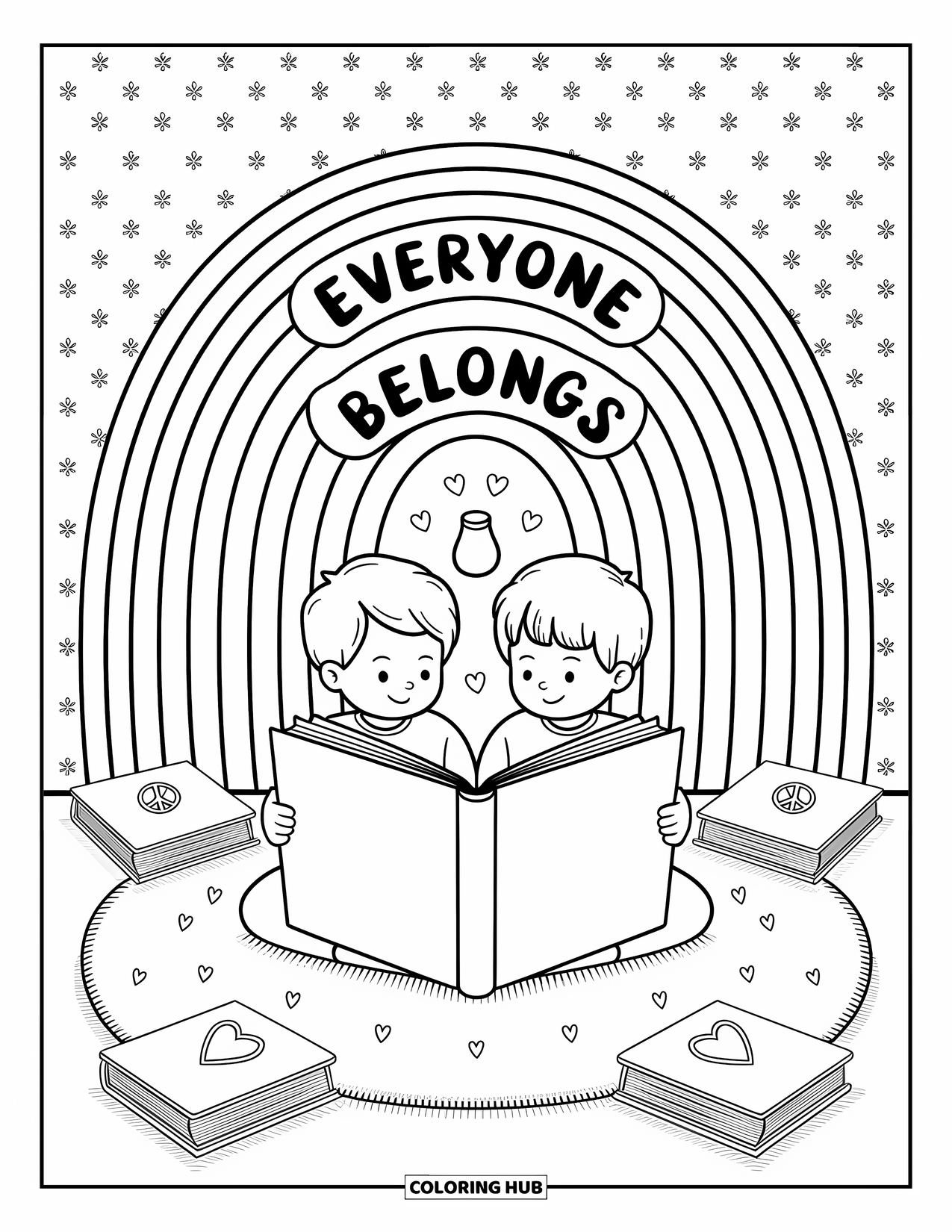 Anti-Bullying Coloring Page for Adults: Two children share a book under a cozy arch that says "Everyone Belongs"