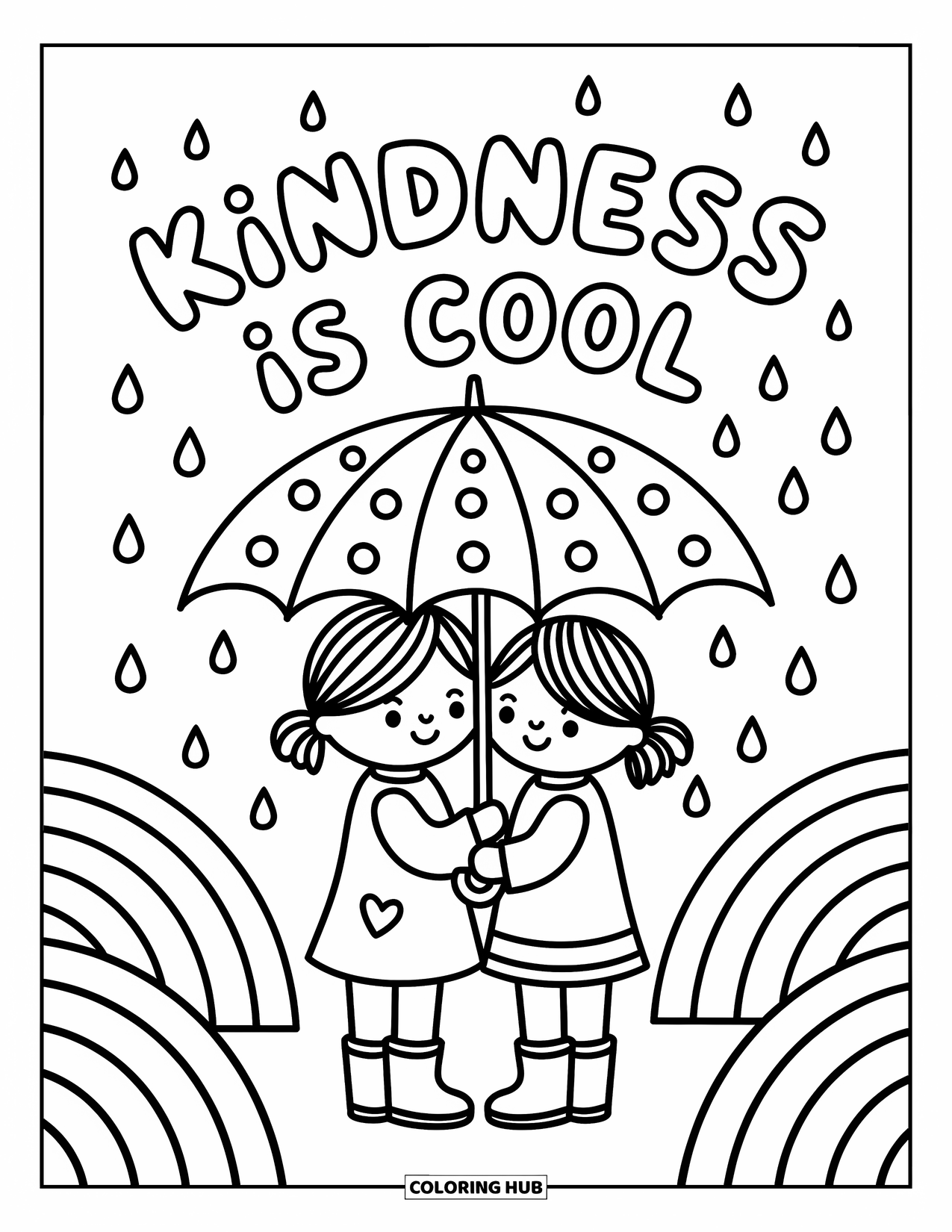 Anti-Bullying Coloring Page for Adults: Warm rain scene with kids under one umbrella and a message saying "Kindness is Cool"