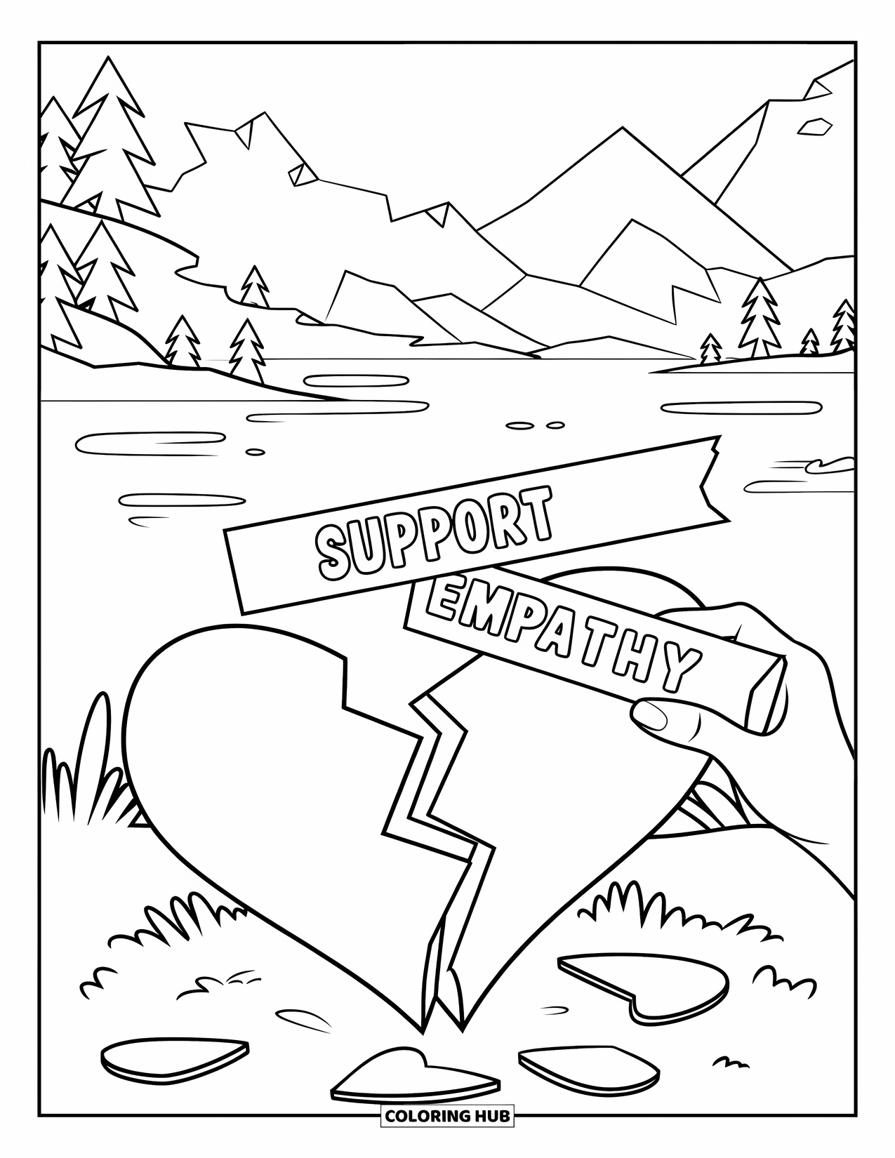 Anti-Bullying Coloring Page for Kids: A peaceful scene with a broken heart being mended by a helping hand