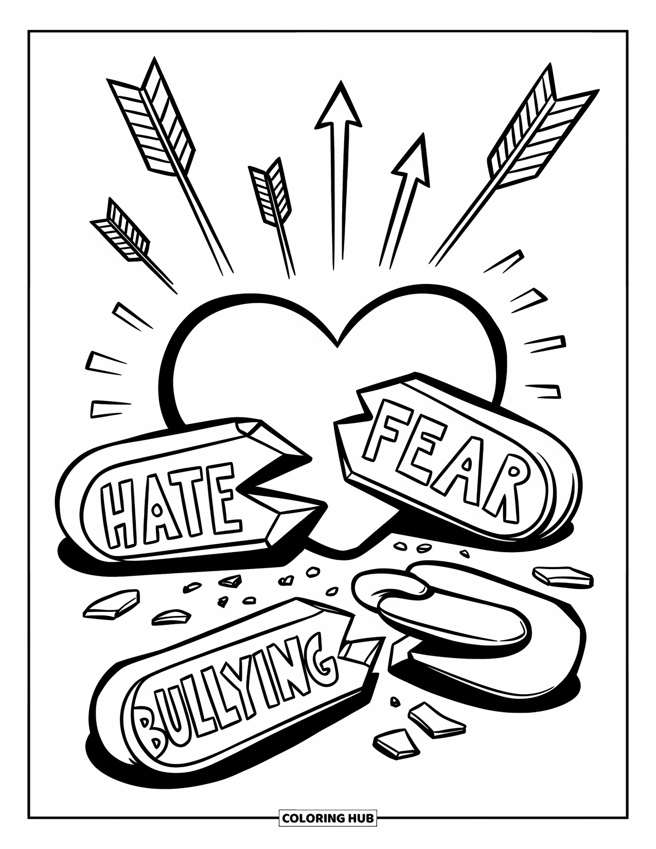 Anti-Bullying Coloring Page for Kids: Crushed chains and rising arrows show hope and the defeat of bullying