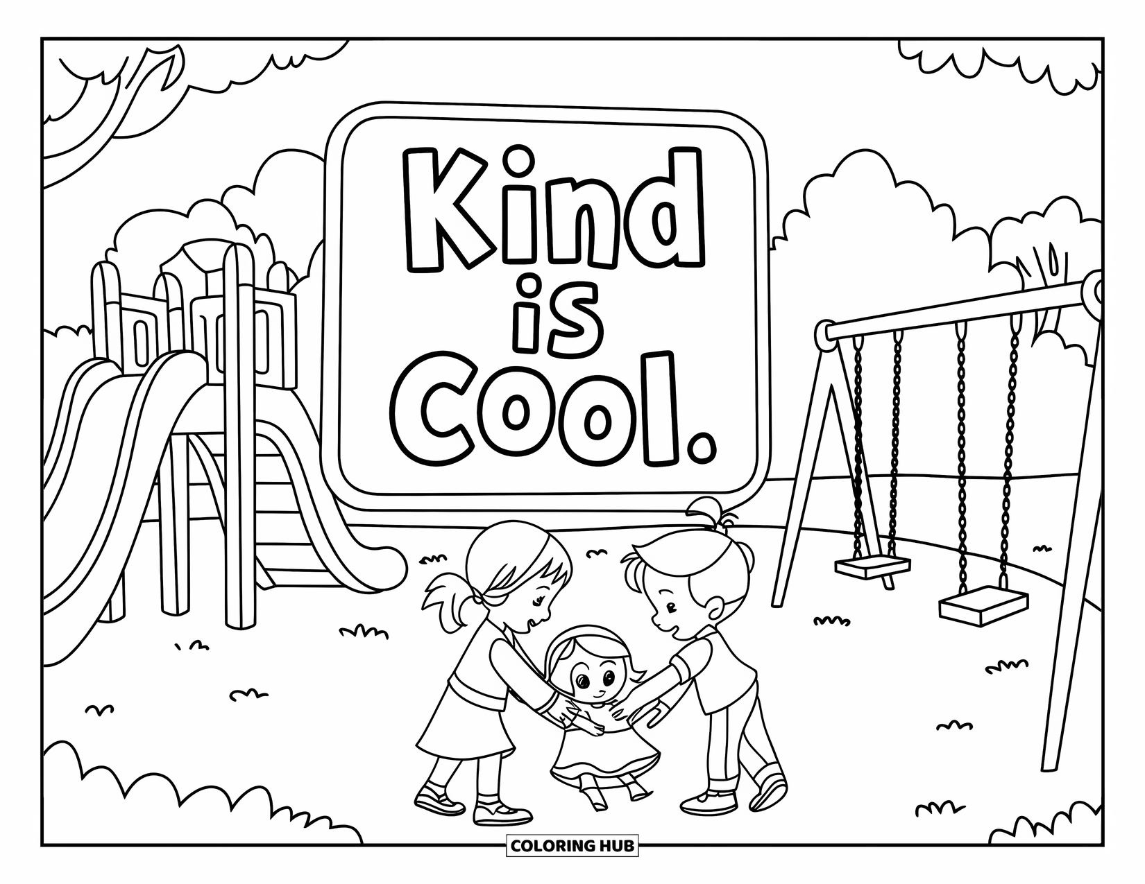 Anti-Bullying Coloring Page for Kids: Friendly playground scene with kids sharing and a big "Kind is Cool" sign