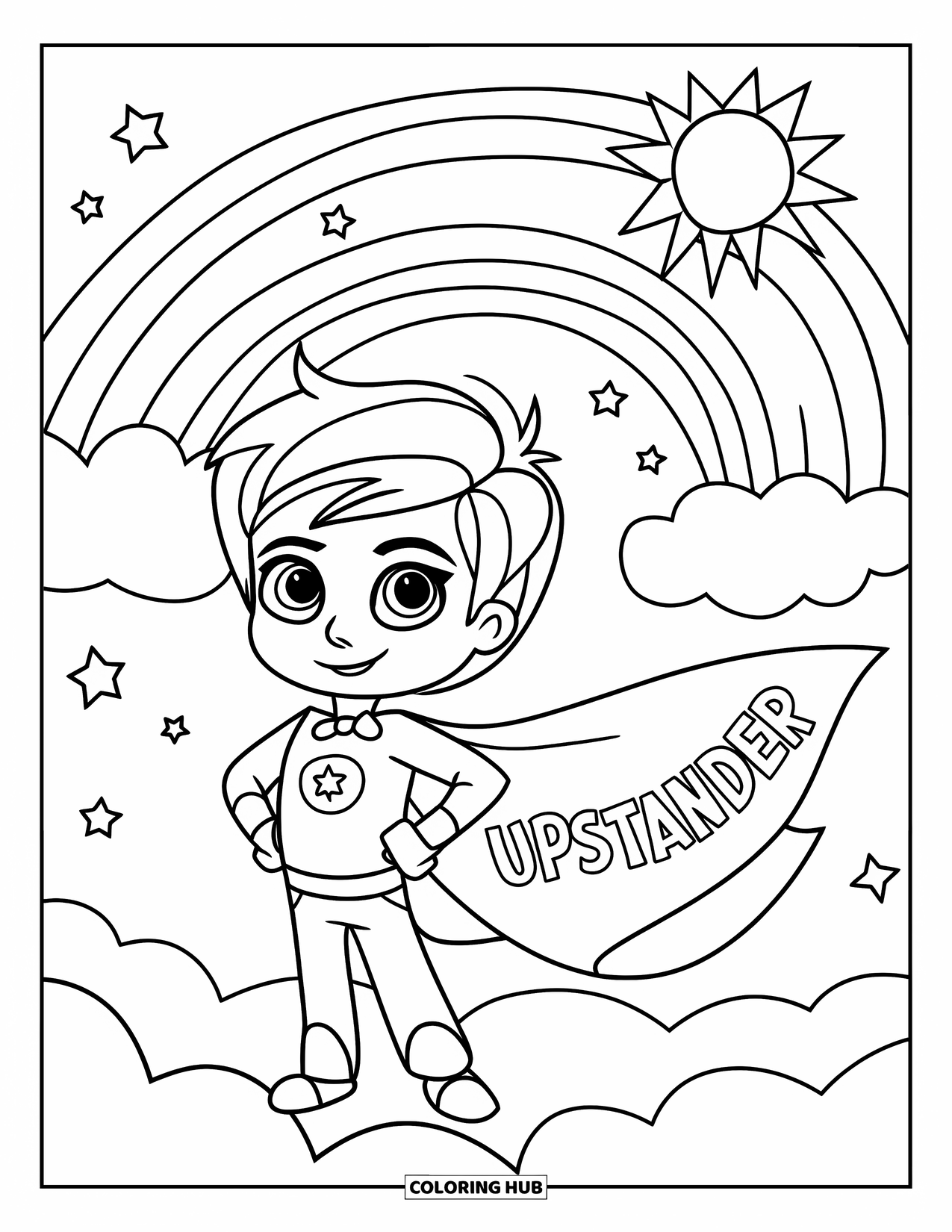 Anti-Bullying Coloring Page for Kids: Heroic kid with "Upstander" cape, rainbow, stars, and sunshine all around
