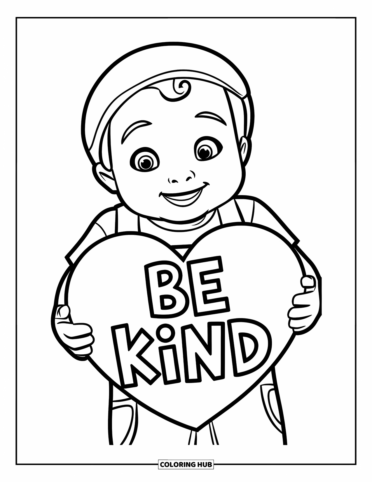 Anti-Bullying Coloring Page for Kids: Joyful child holds a heart reading "Be Kind"