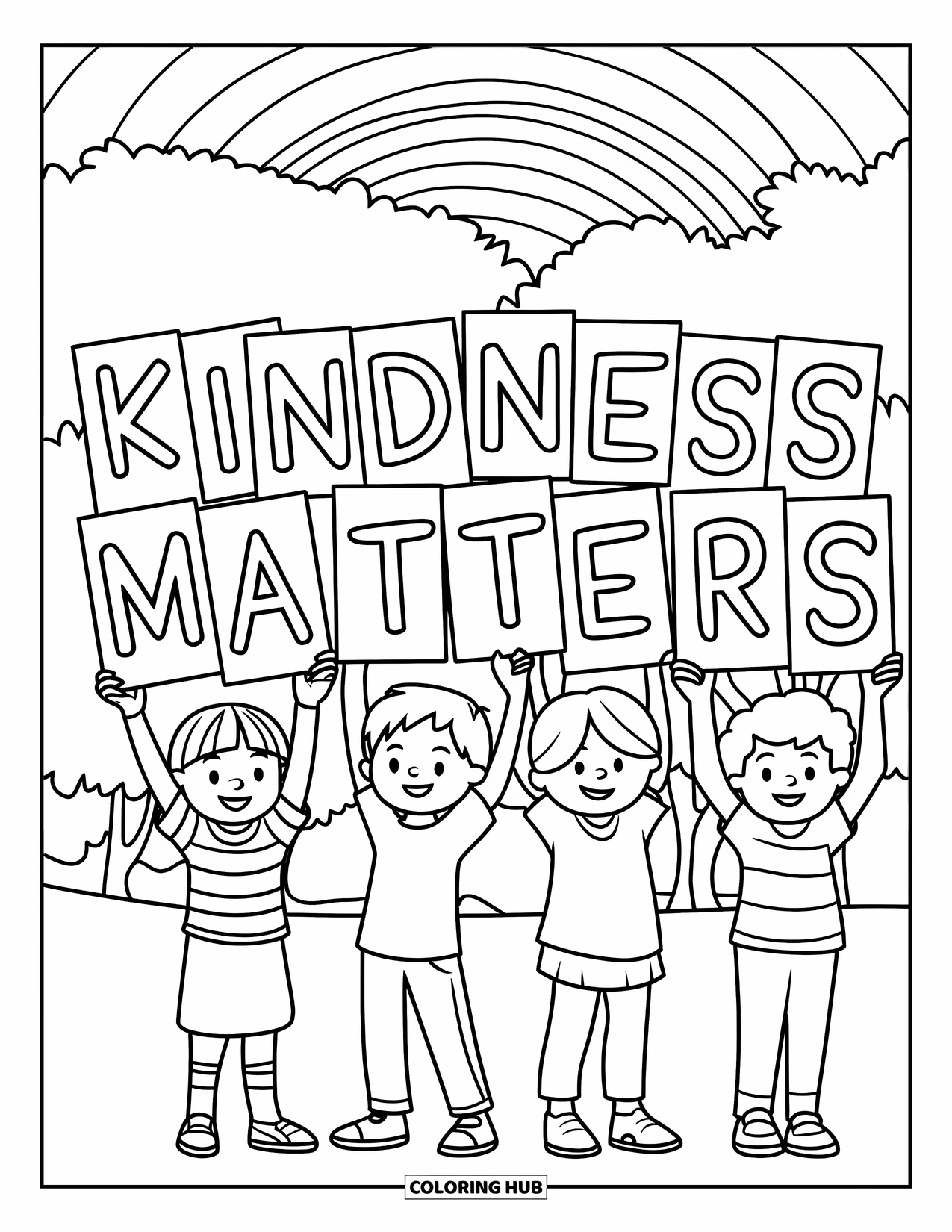 Anti-Bullying Coloring Page for Kids: Kids proudly hold letter signs that spell out "Kindness Matters"