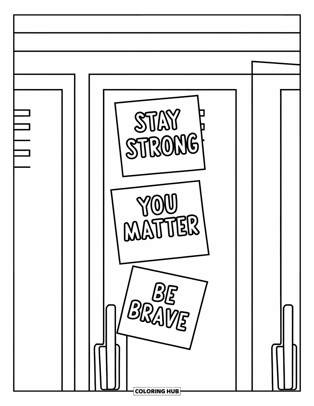 Anti-Bullying Coloring Page for Kids: Locker door full of sticky notes reminding you to be brave and stay strong