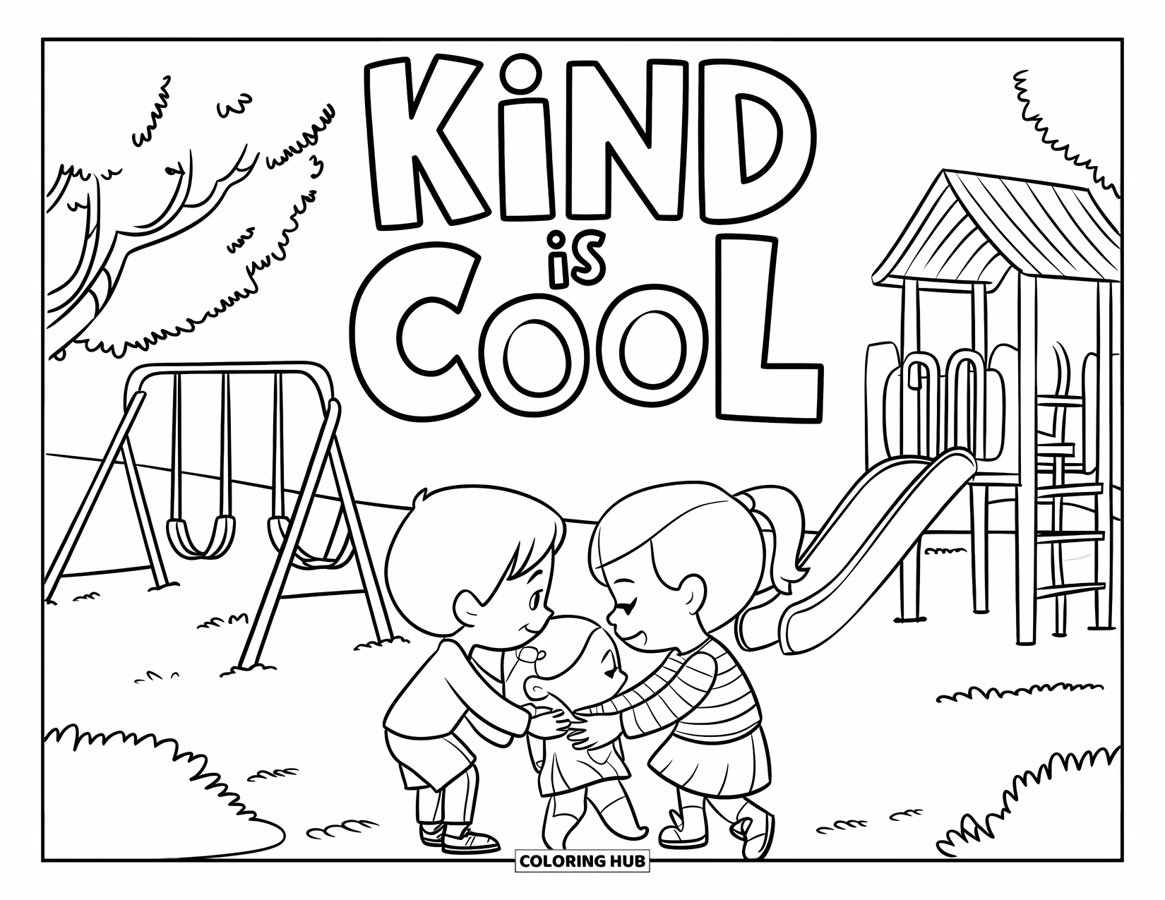 Anti-Bullying Coloring Page for Kids: Playground fun with kids sharing a toy under the phrase "Kind is Cool"