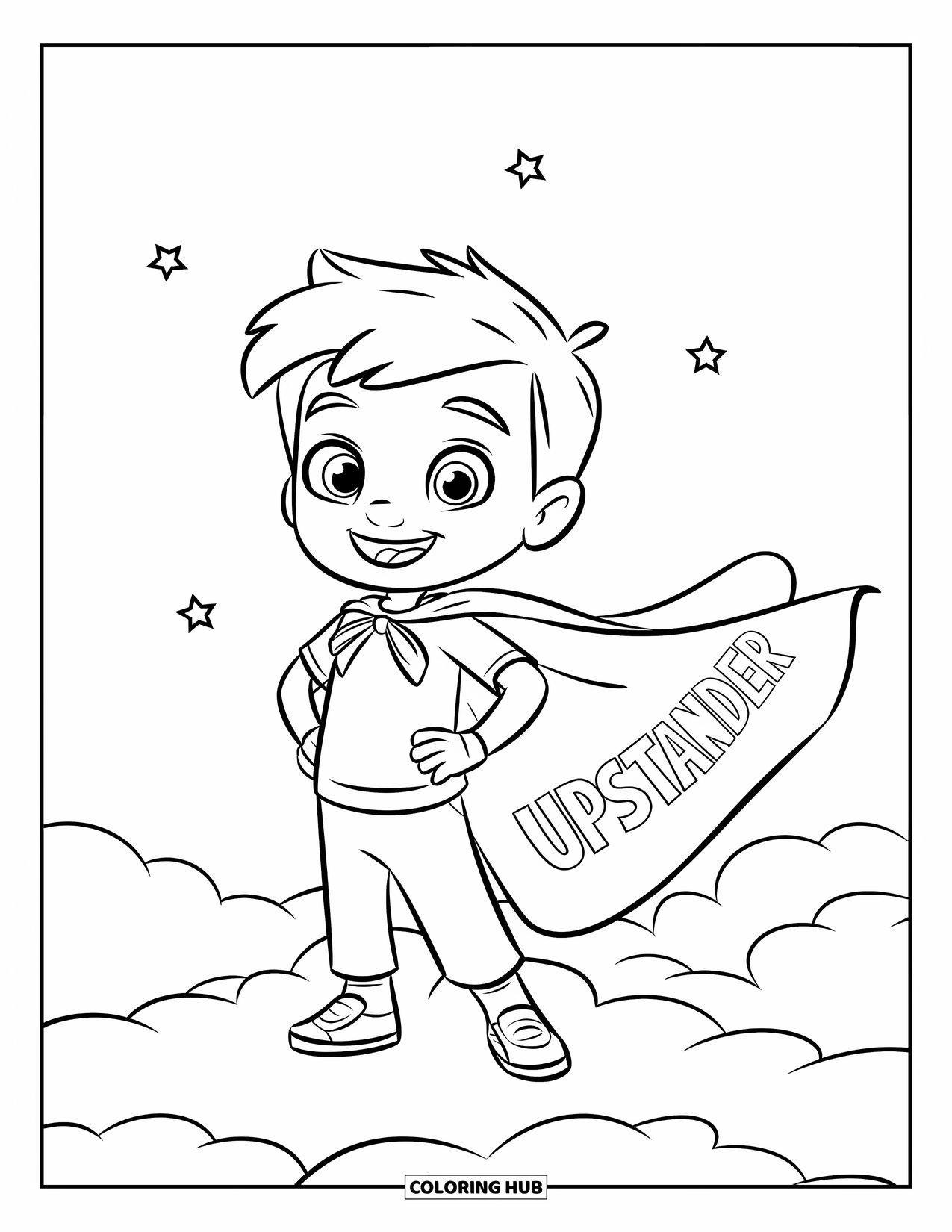 Anti-Bullying Coloring Page for Kids: Smiling superhero kid on a cloud wearing a cape that says "Upstander"