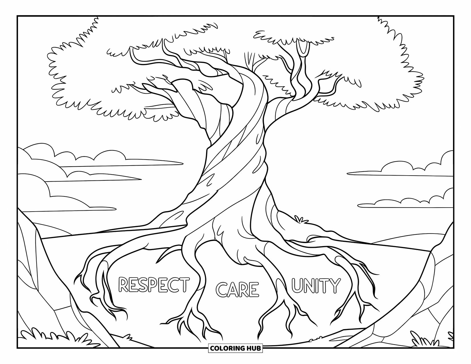 Anti-Bullying Coloring Page for Kids: Strong tree with roots labeled "Respect," "Care," and "Unity" under a bright sky