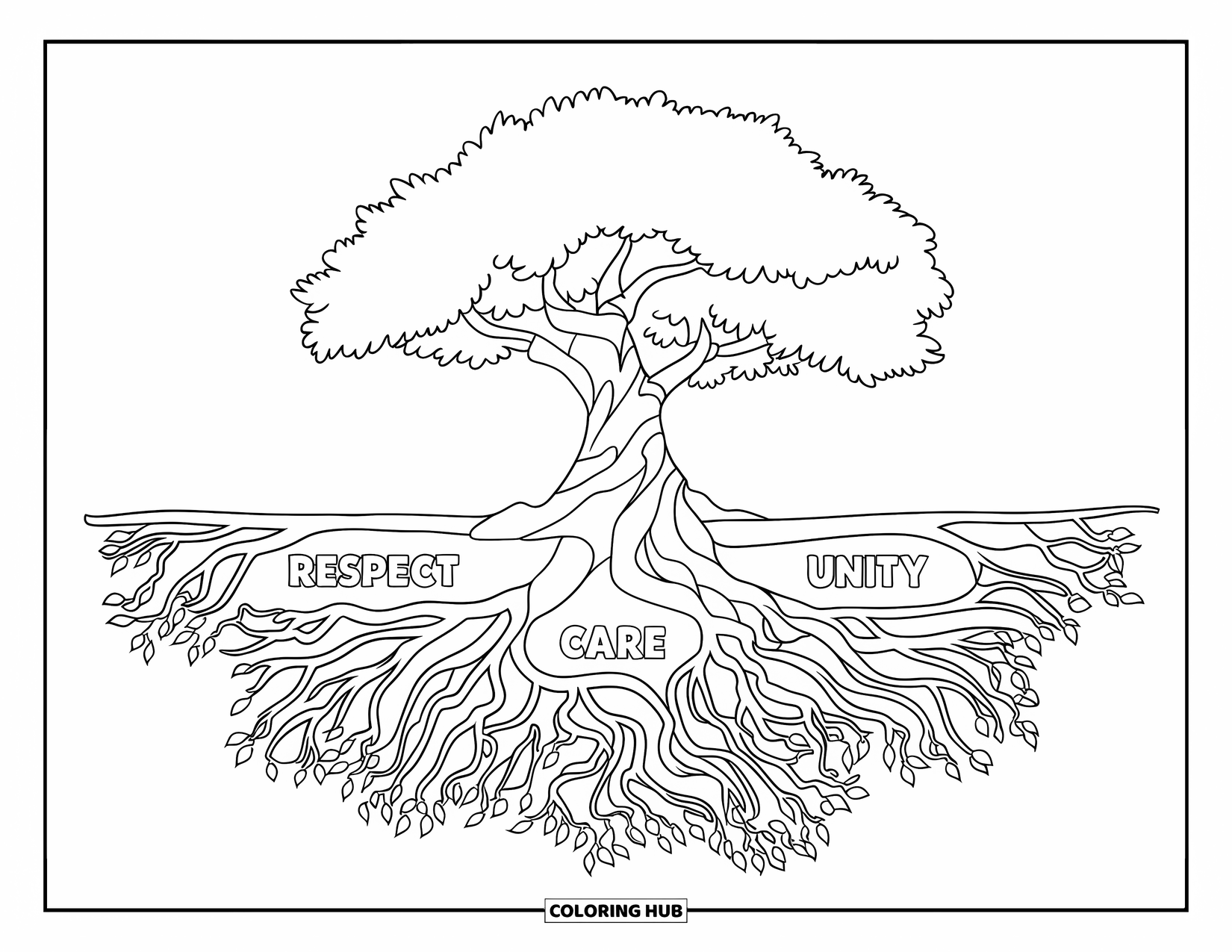 Anti-Bullying Coloring Page for Kids: Tall tree with labeled roots showing care, respect, and unity in a peaceful setting