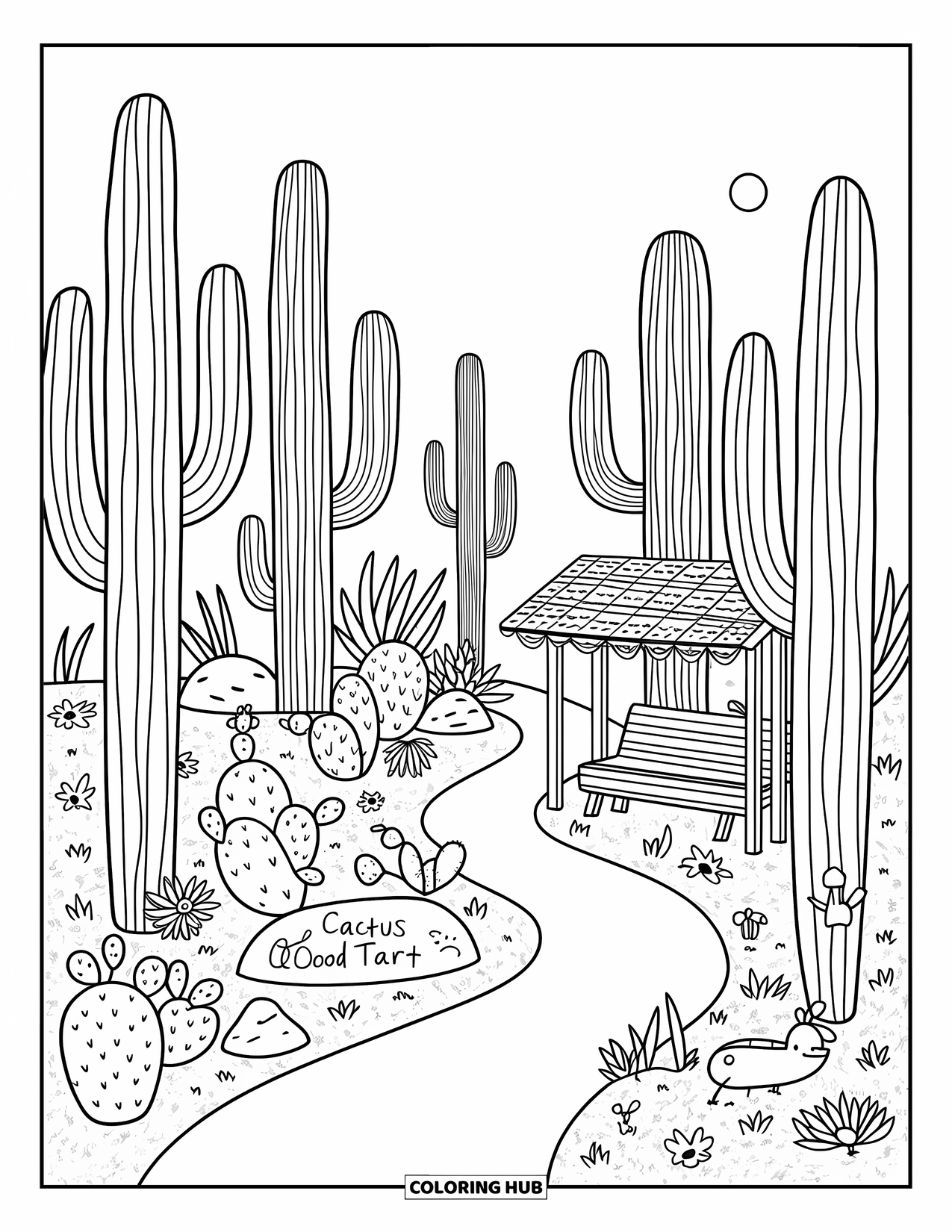 Arizona Coloring Page for Adults: A cactus forest with lizards, flowers, and a wooden trail sign