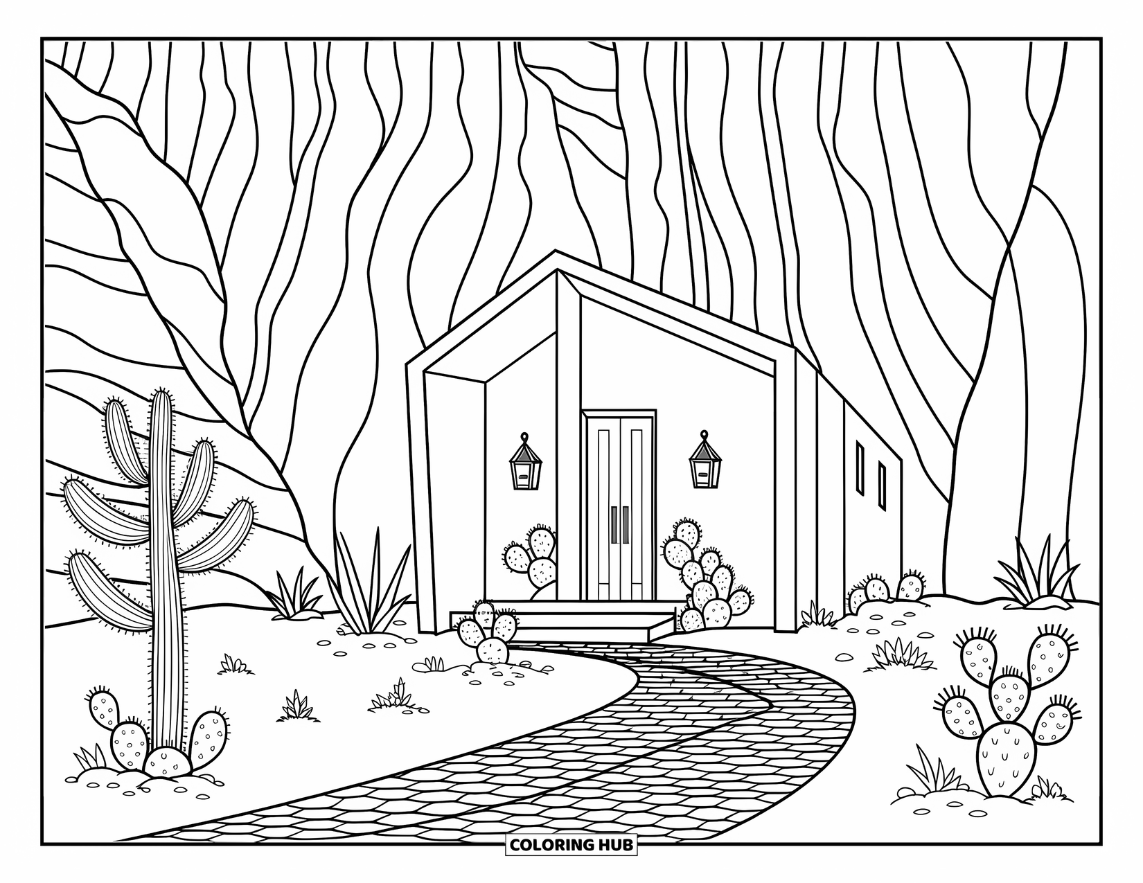 Arizona Coloring Page for Adults: A chapel in red cliffs with yucca, prickly pear, and wildflowers