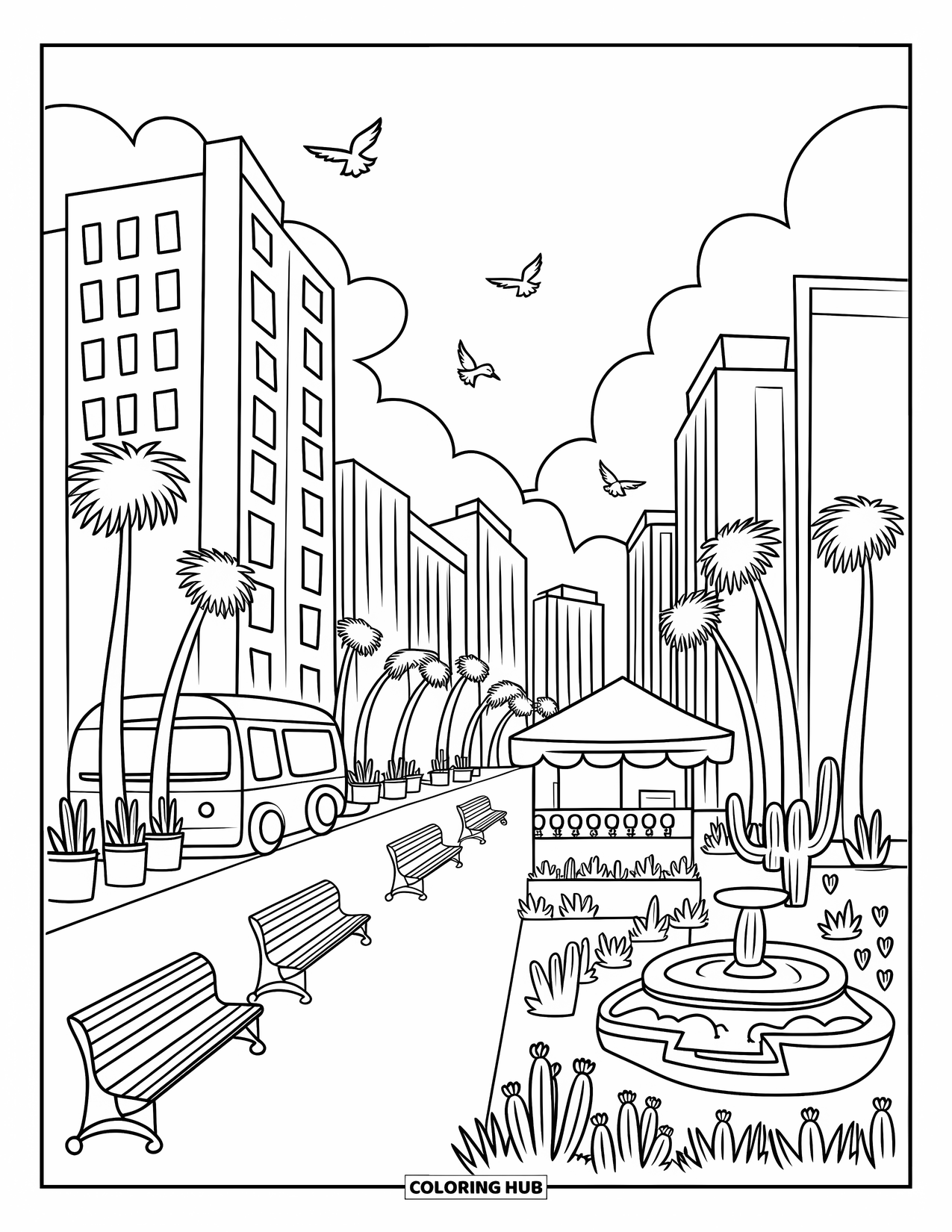 Arizona Coloring Page for Adults: A playful Phoenix cityscape with palm trees, cacti, and a fountain
