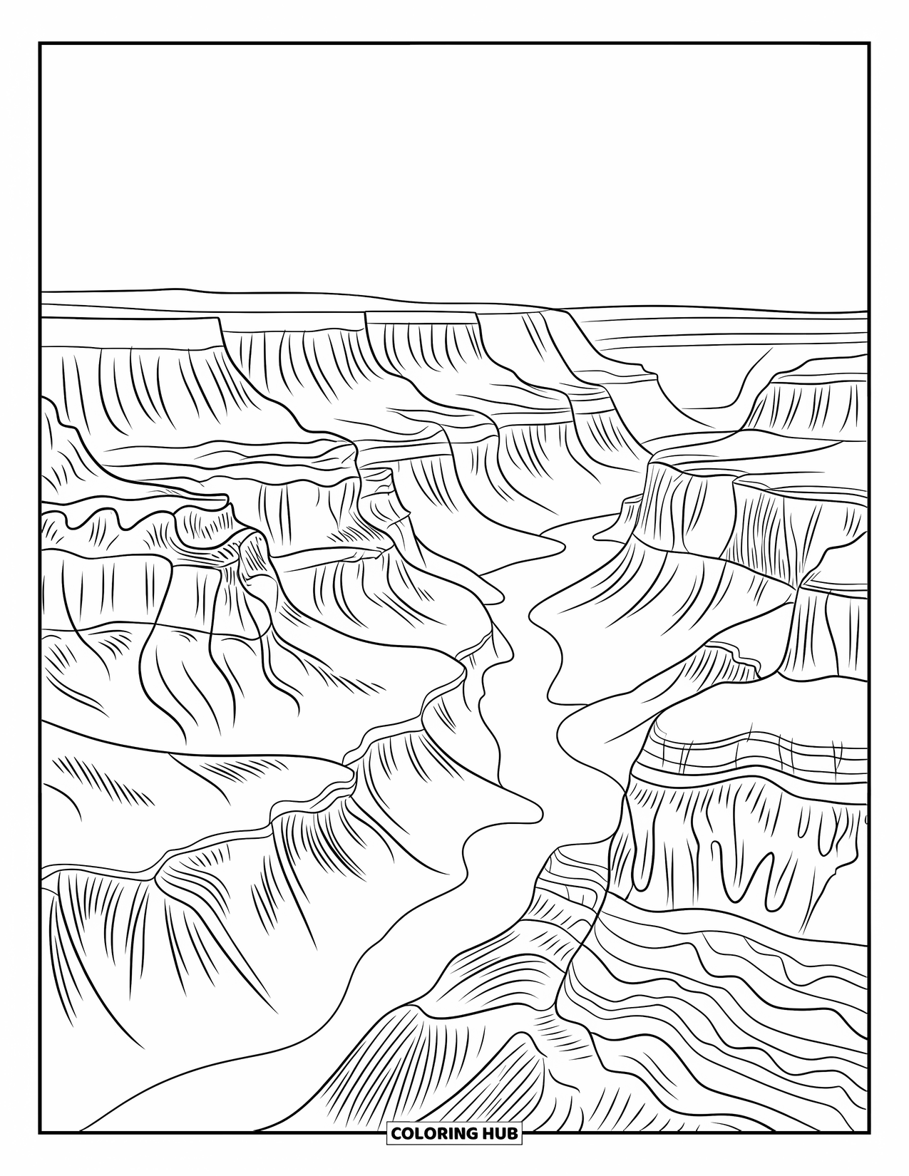 Arizona Coloring Page for Adults: A sweeping Grand Canyon view with cliffs and winding river