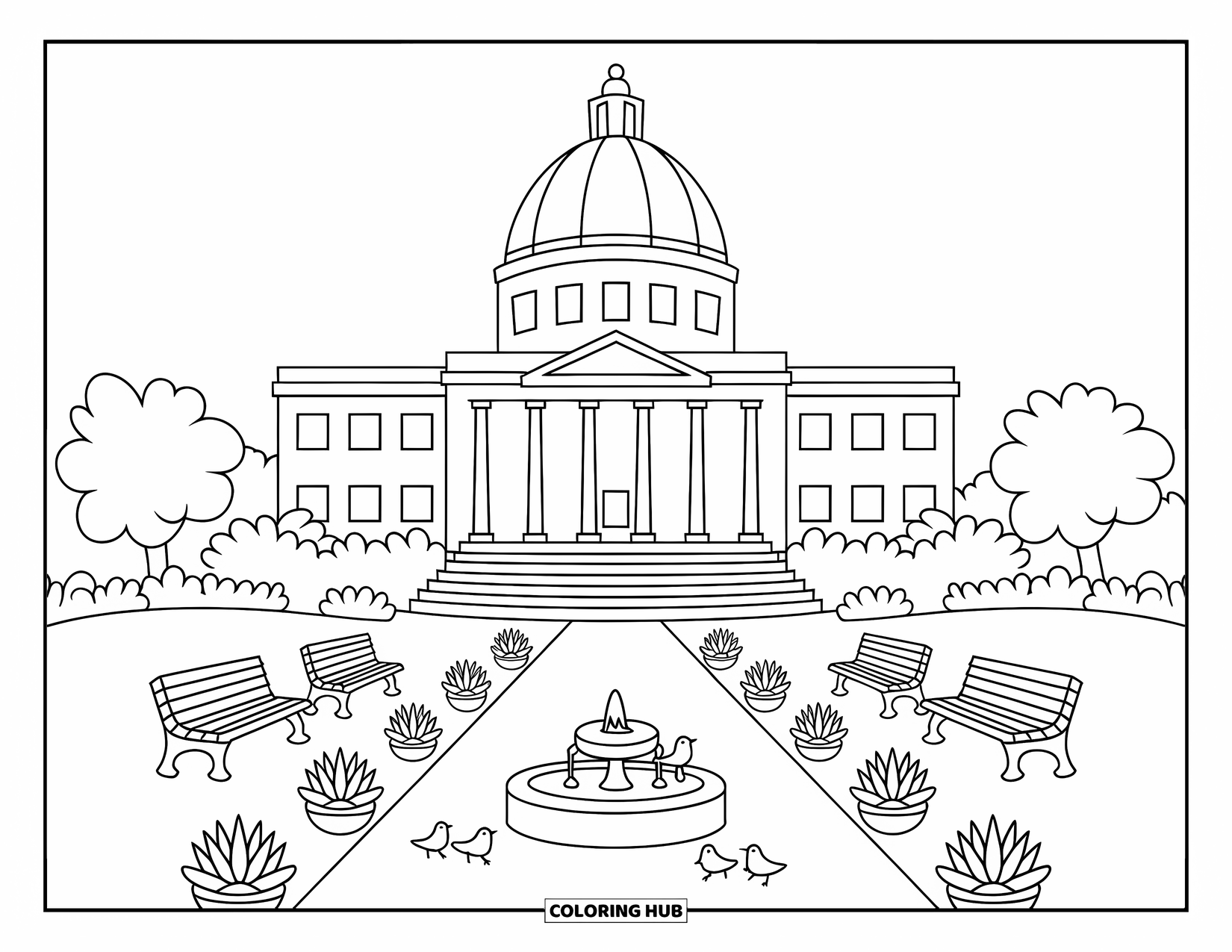 Arizona Coloring Page for Adults: A whimsical Capitol scene with potted succulents and blooming shrubs