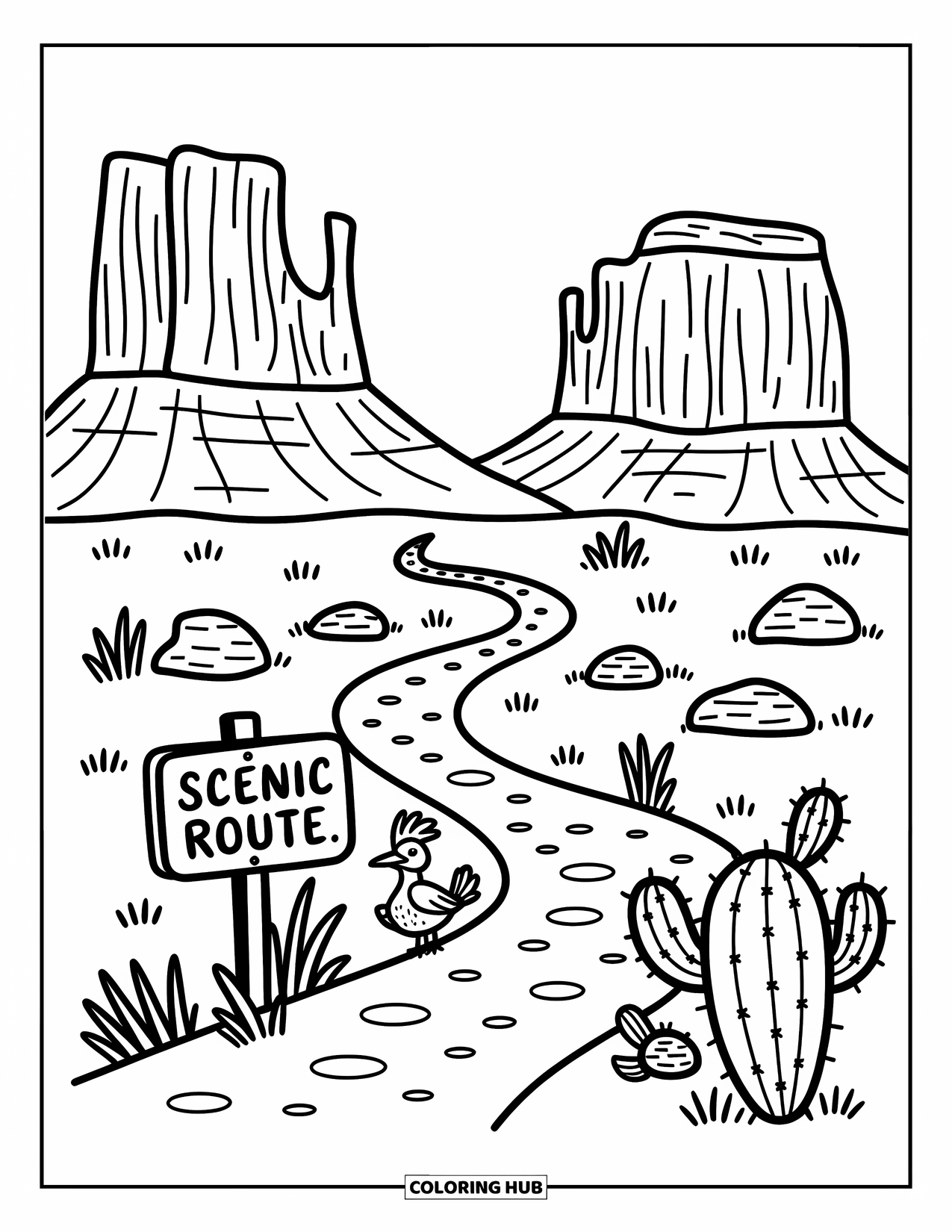 Arizona Coloring Page for Adults: Buttes and mesas with a cactus, a roadrunner, and scattered tumbleweeds