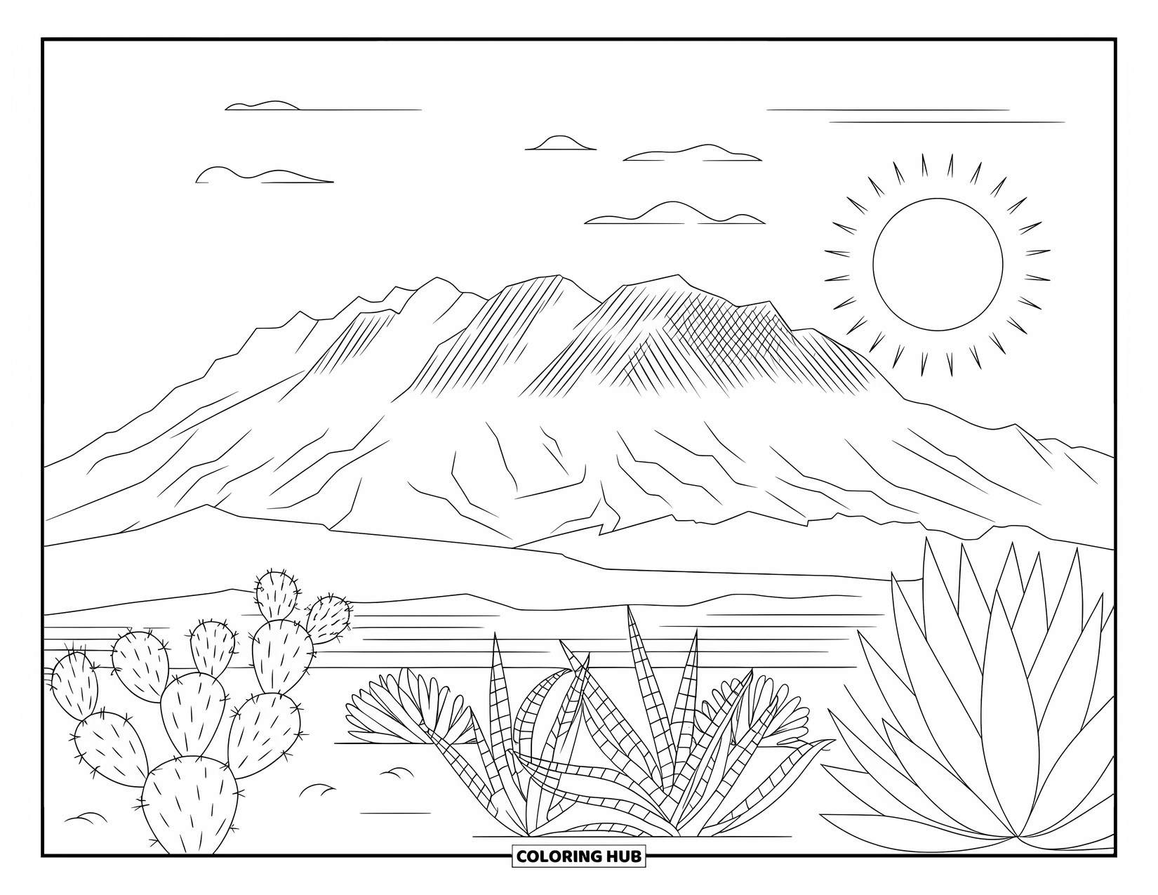 Arizona Coloring Page for Adults: Camelback Mountain glows at sunrise above desert plants
