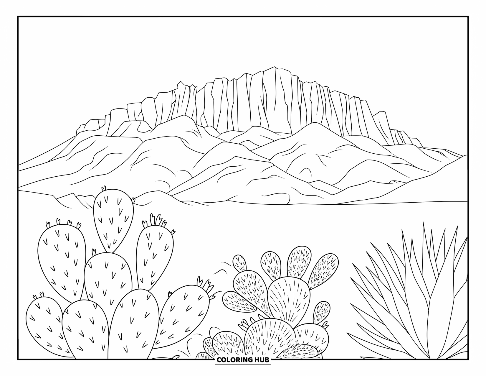 Arizona Coloring Page for Adults: Camelback Mountain rises at sunrise with cacti in the foreground