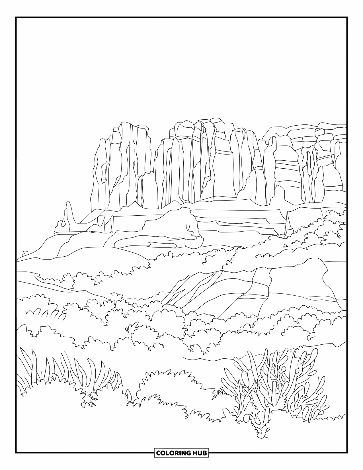 Arizona Coloring Page for Adults: Cathedral Rock stands tall with cliffs and desert greenery