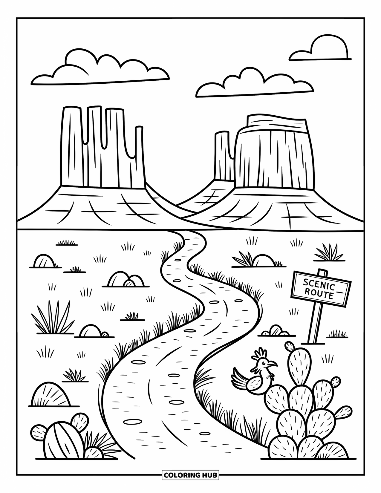 Arizona Coloring Page for Adults: Majestic buttes and mesas with a trail marked Scenic Route