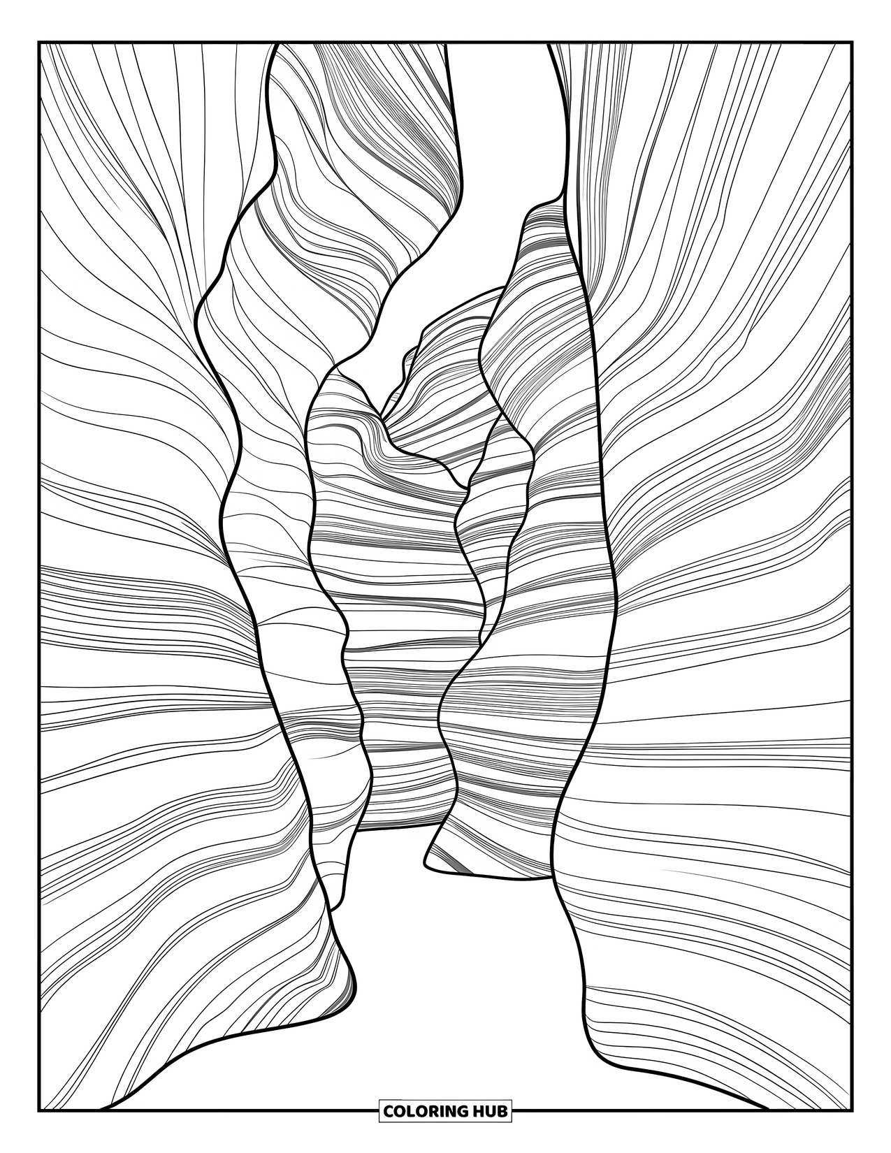 Arizona Coloring Page for Adults: Narrow rock walls of Antelope Canyon with beams of light