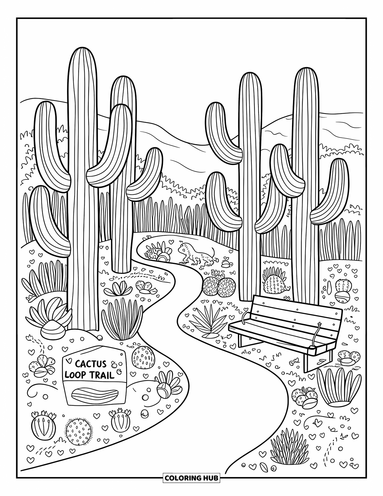 Arizona Coloring Page for Adults: Saguaros with desert flowers and birds along the Cactus Loop Trail