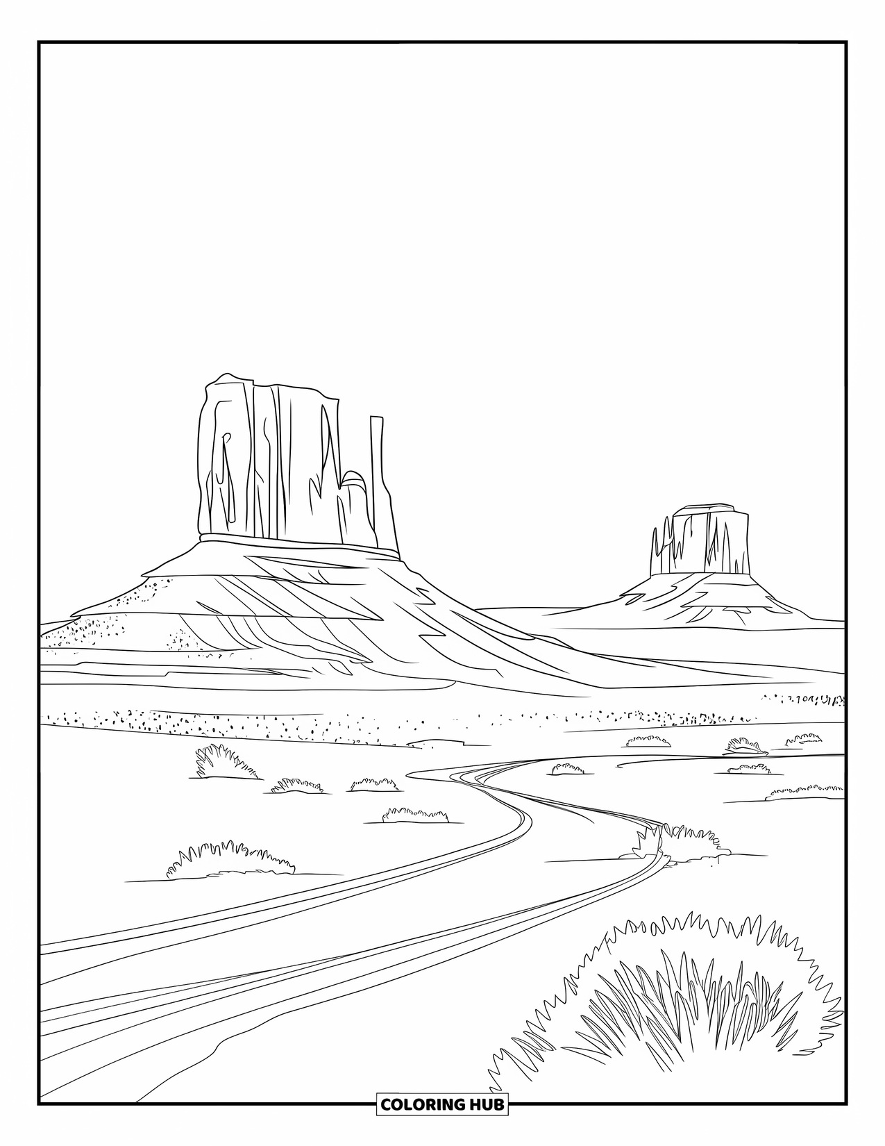 Arizona Coloring Page for Adults: Sandstone buttes in Monument Valley rise above dust trails