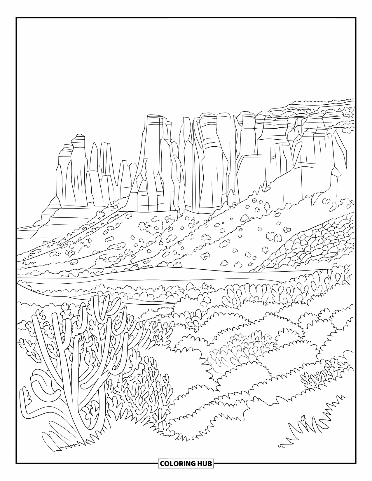 Arizona Coloring Page for Adults: Sedona's Cathedral Rock towers above desert vegetation