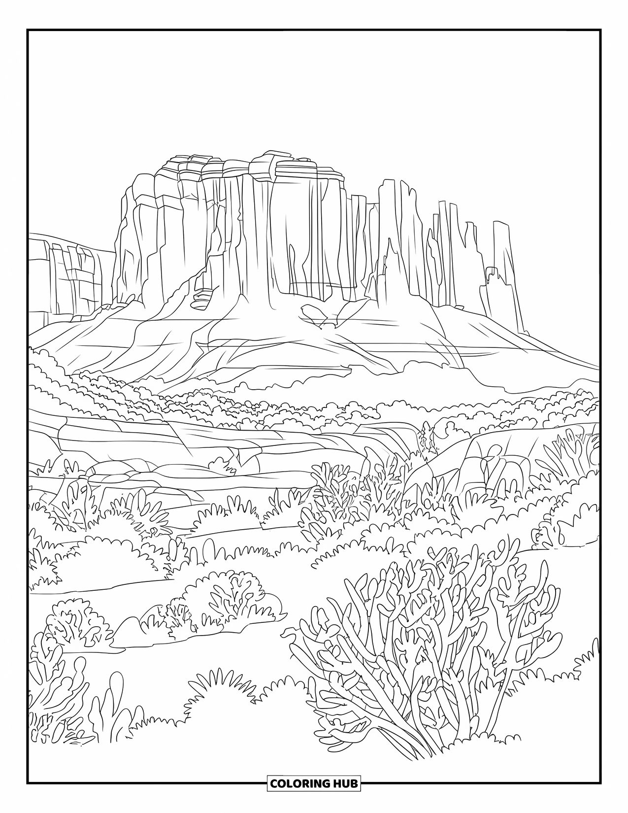 Arizona Coloring Page for Adults: Sedona's red rock cliffs rise above desert plants