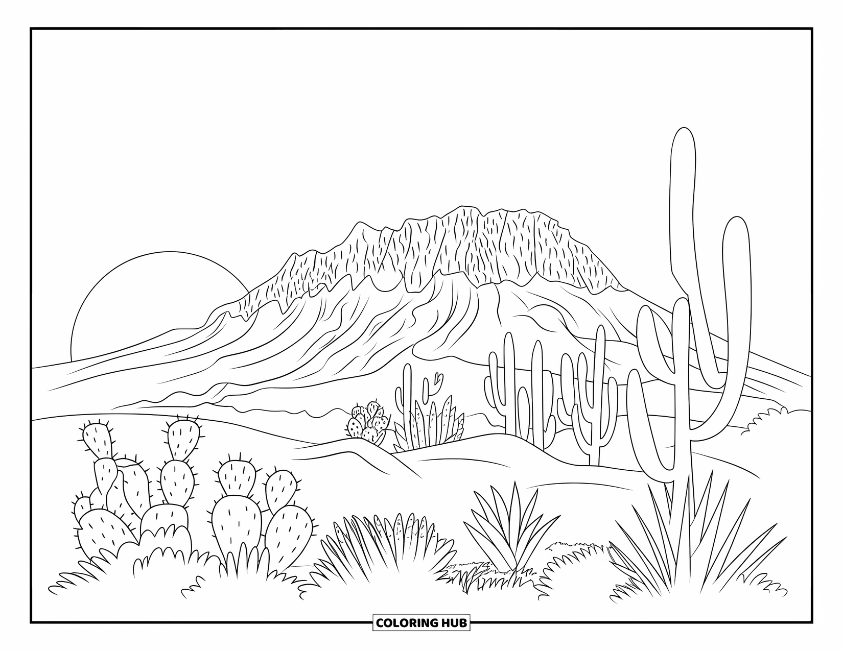 Arizona Coloring Page for Adults: Sunlit Camelback Mountain with prickly pear and agave below