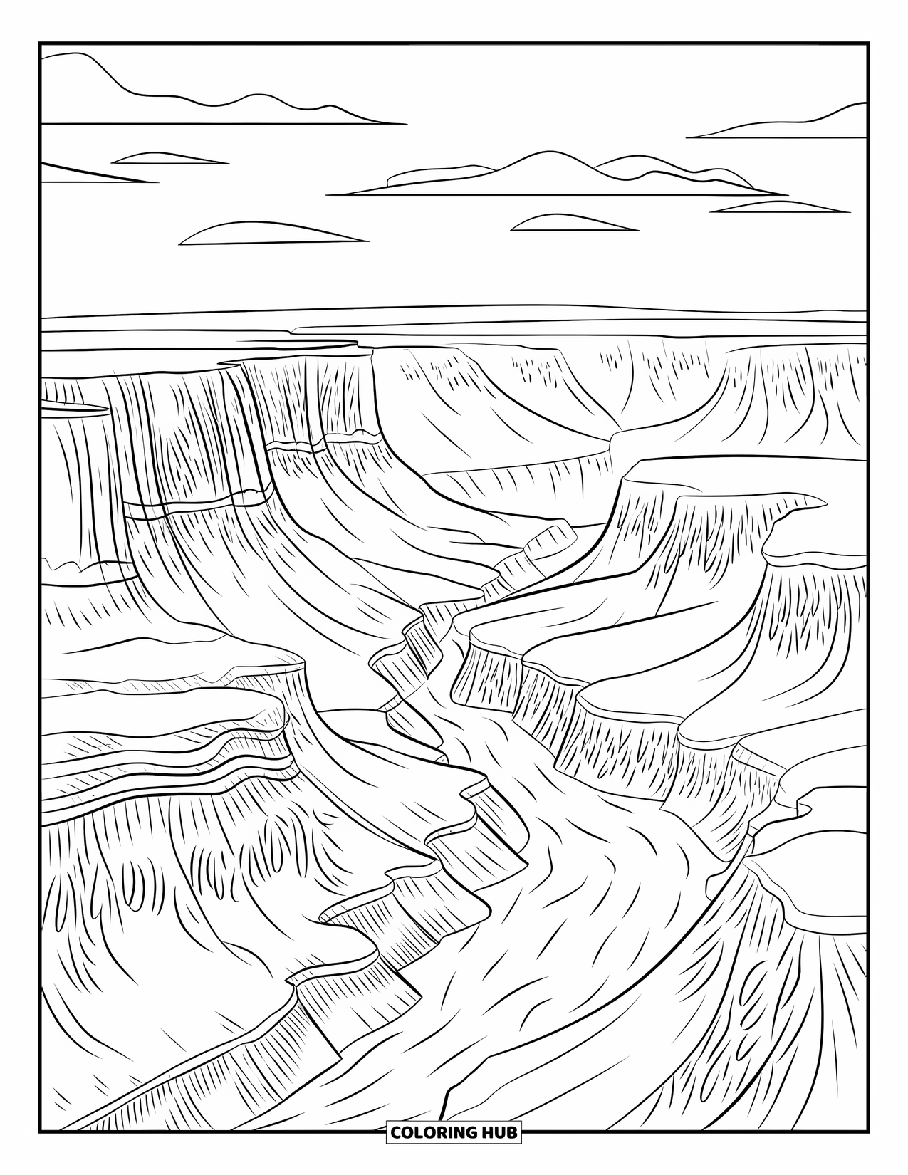 Arizona Coloring Page for Adults: The Grand Canyon's South Rim with layered cliffs and river below