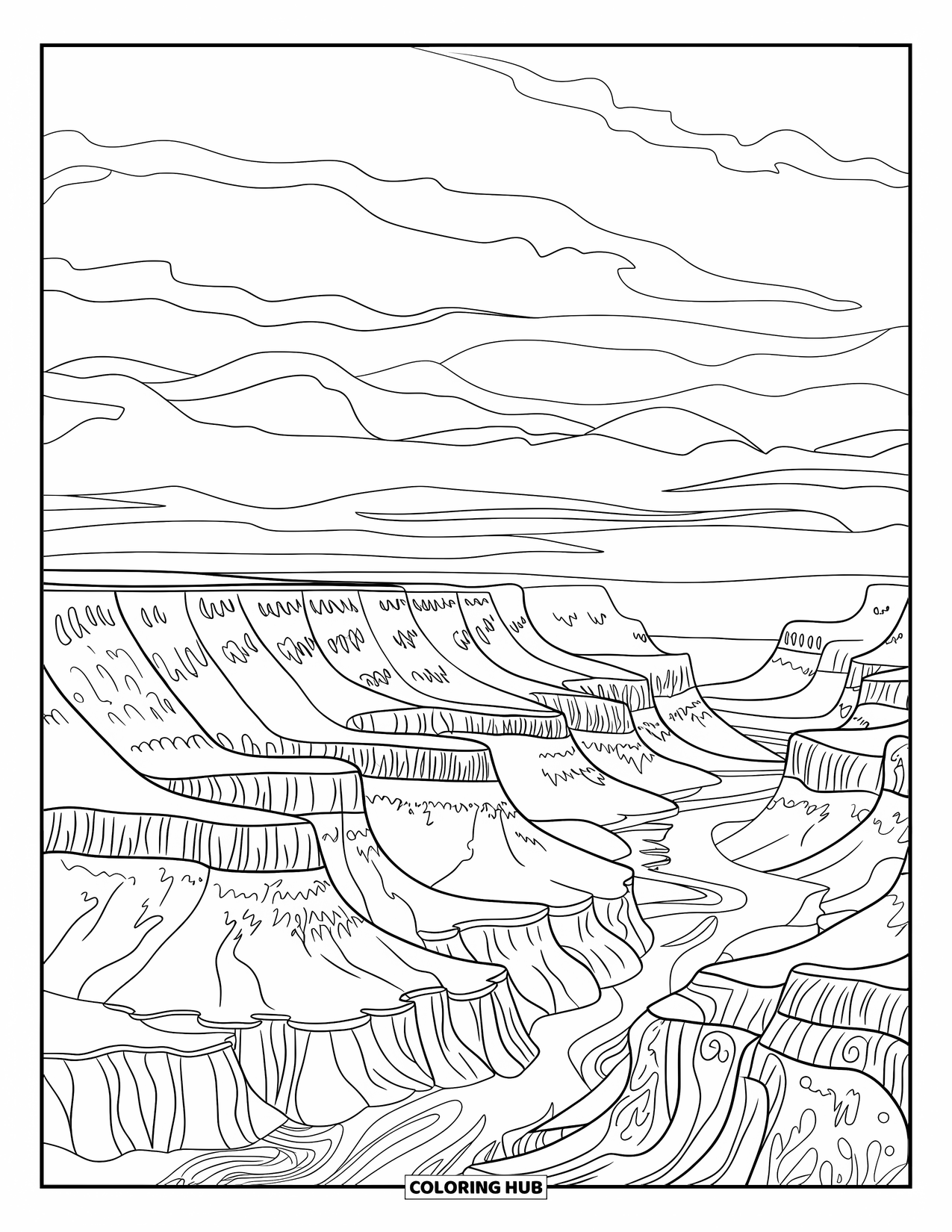 Arizona Coloring Page for Adults: The South Rim of the Grand Canyon with towering rock layers