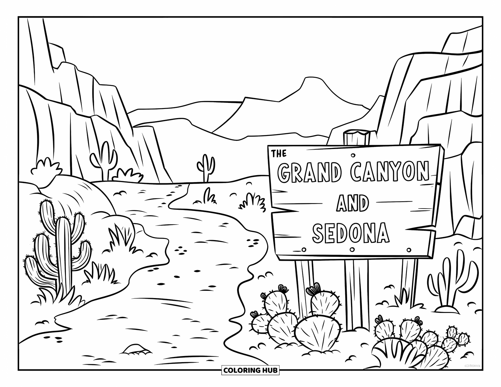 Arizona Coloring Page for Kids: A cactus-lined trail with a rustic sign toward famous landmarks