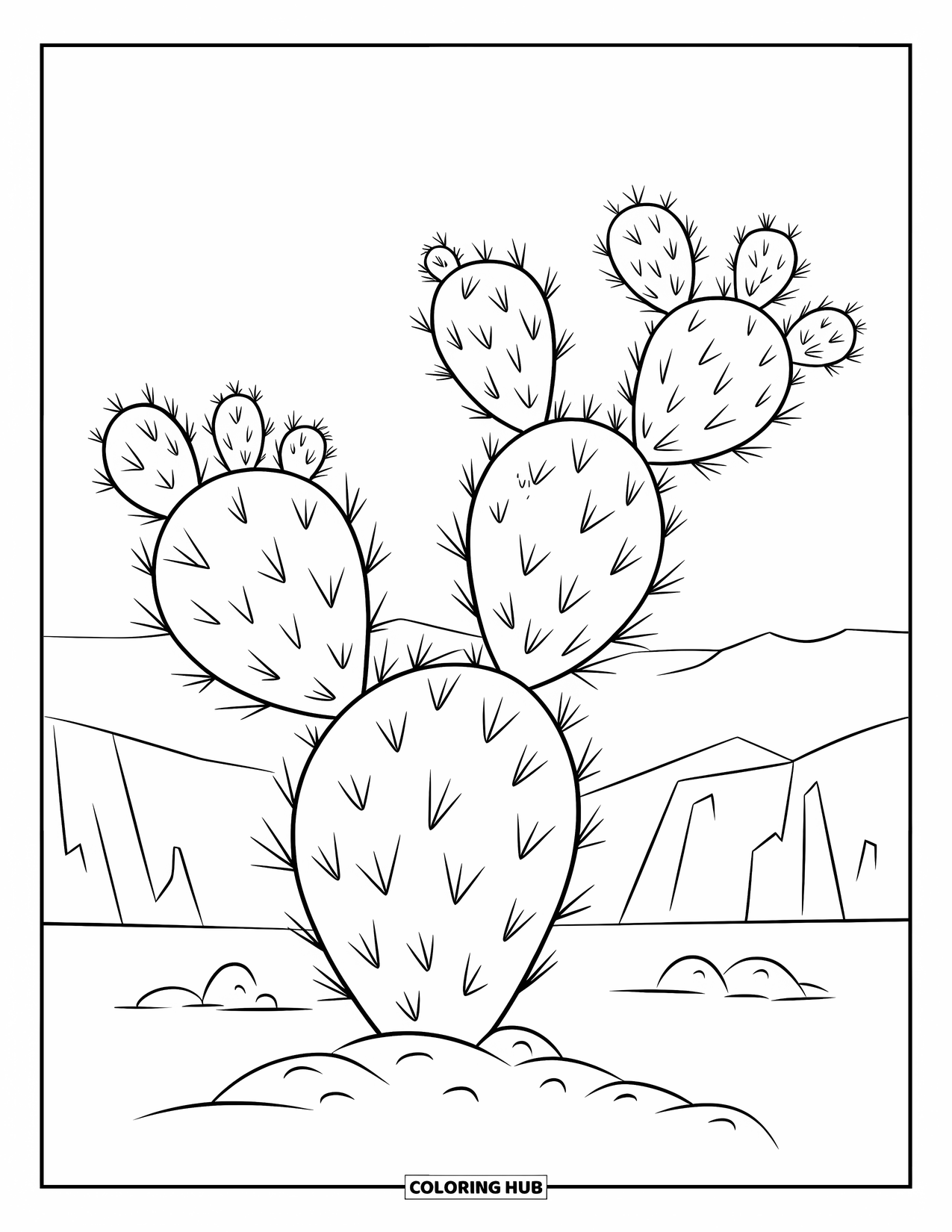 Arizona Coloring Page for Kids: A cactus with three pads grows on rocky desert ground