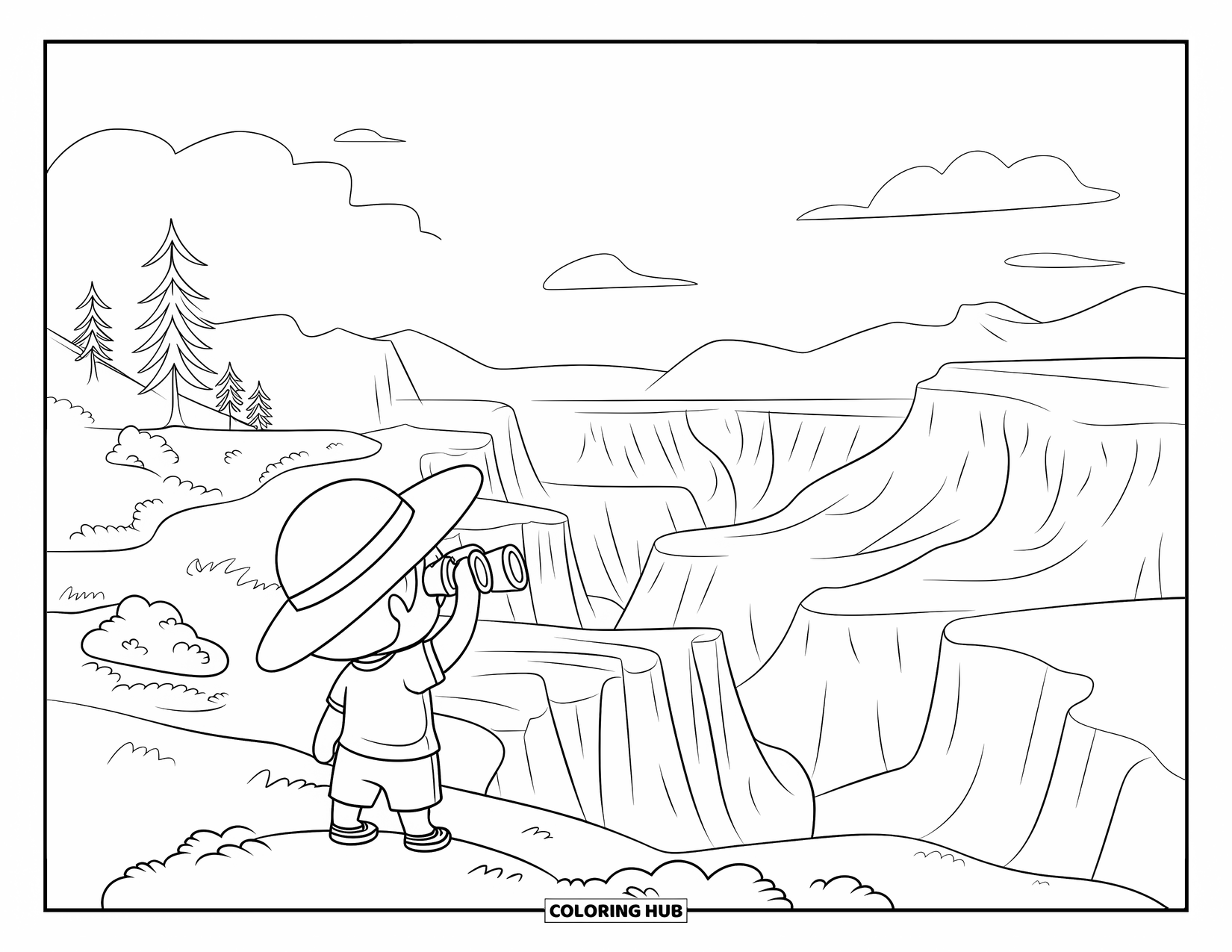 Arizona Coloring Page for Kids: A chibi child in a sun hat looks at the Grand Canyon