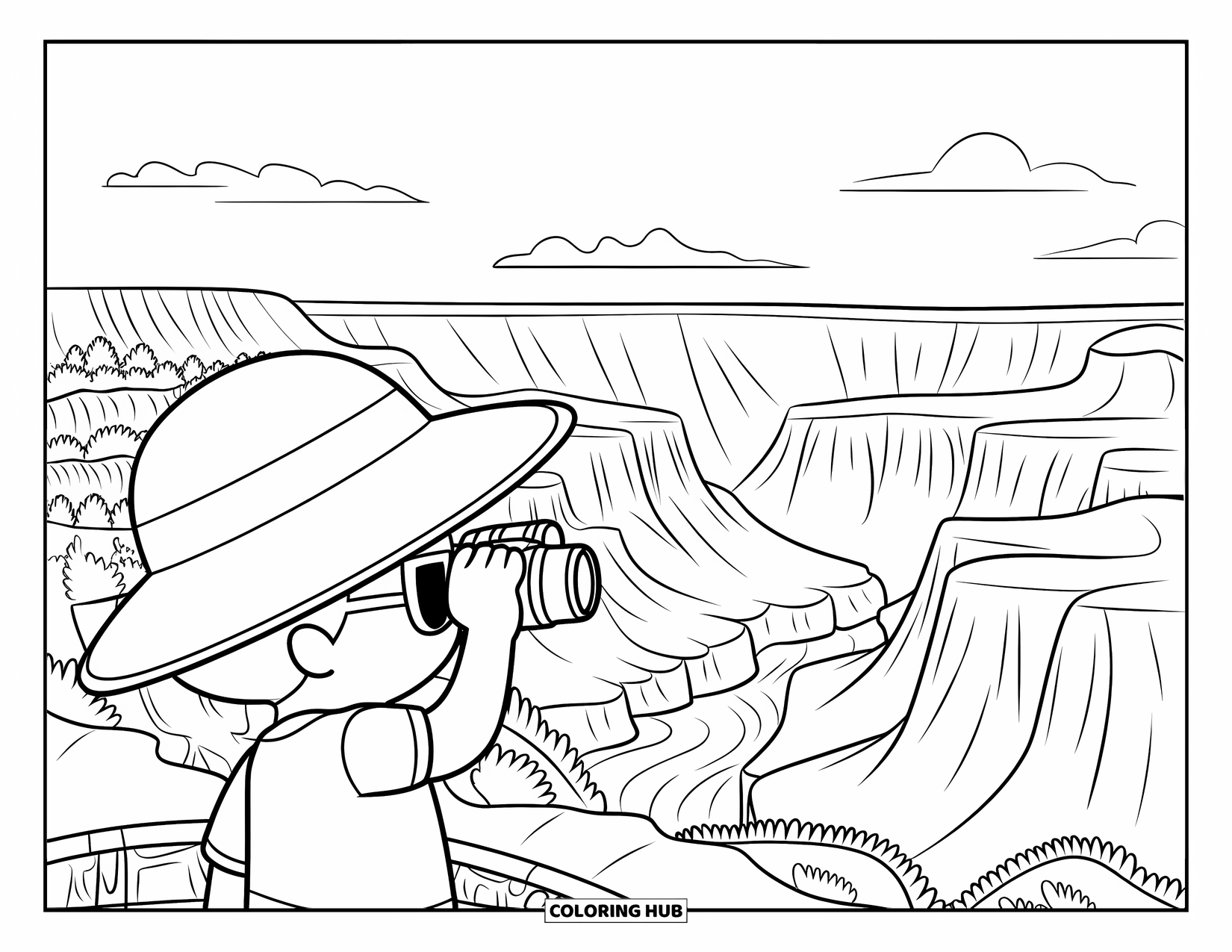 Arizona Coloring Page for Kids: A child in sunglasses uses binoculars at the Grand Canyon