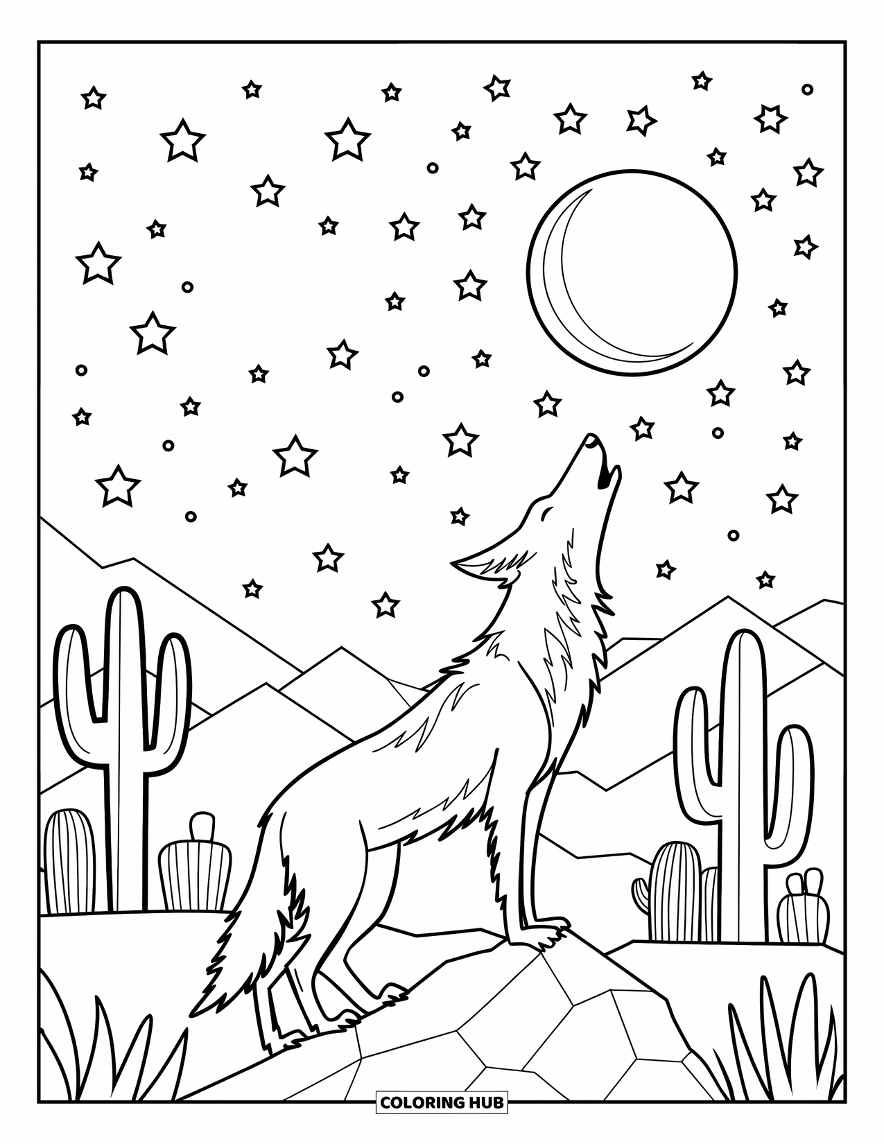Arizona Coloring Page for Kids: A coyote howls at the moon under a star-filled desert sky