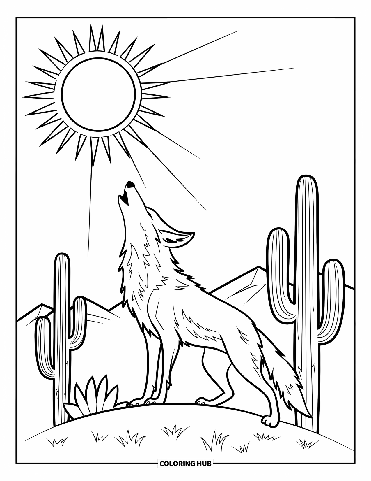 Arizona Coloring Page for Kids: A coyote howls at the moon with cacti nearby