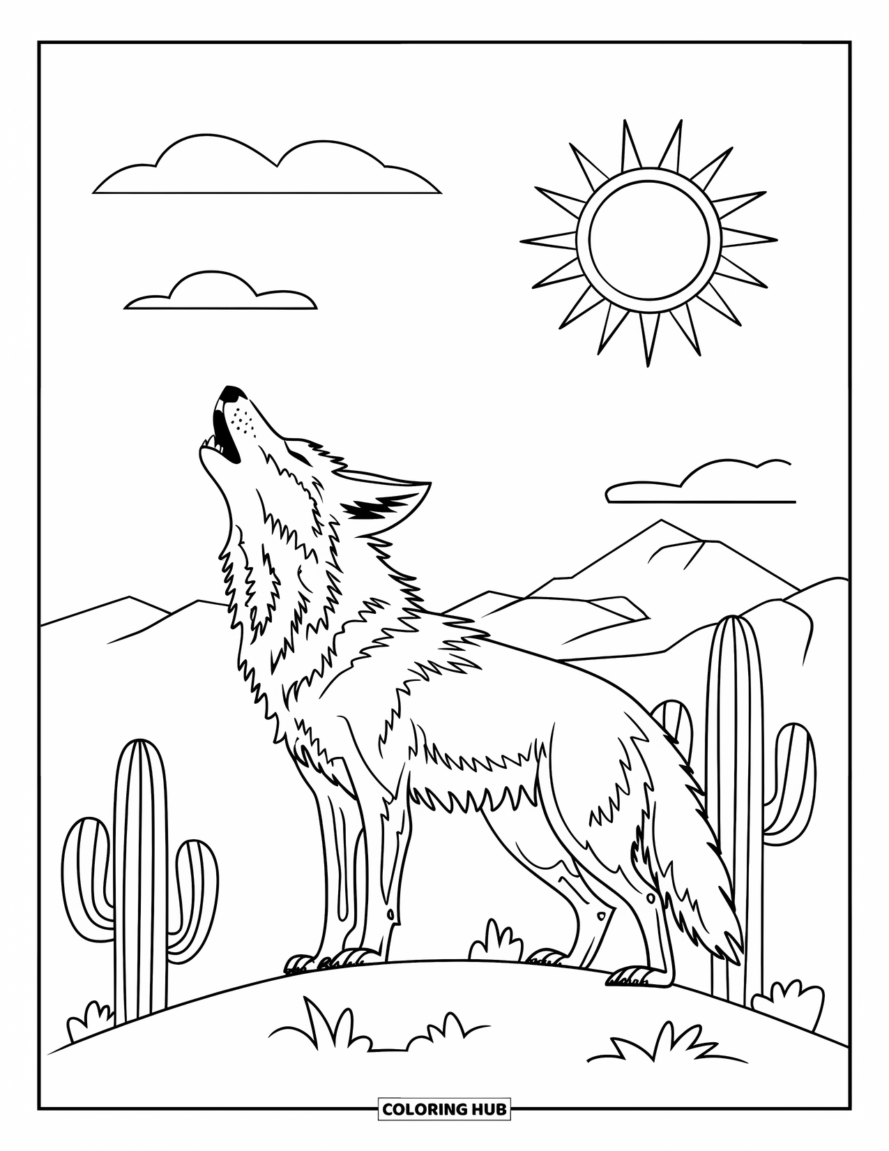 Arizona Coloring Page for Kids: A coyote howls on a hill under the desert sun