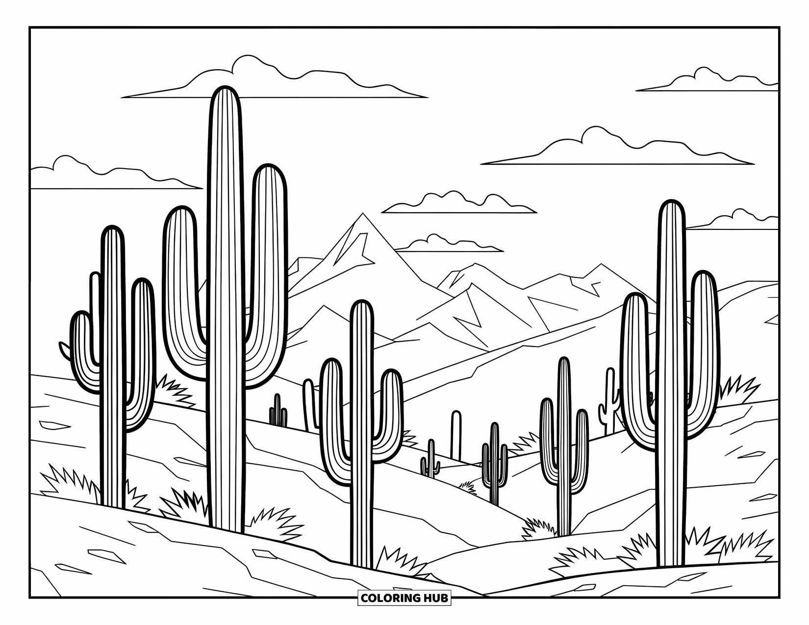 Arizona Coloring Page for Kids: A desert forest of saguaros beneath a cloudy sky