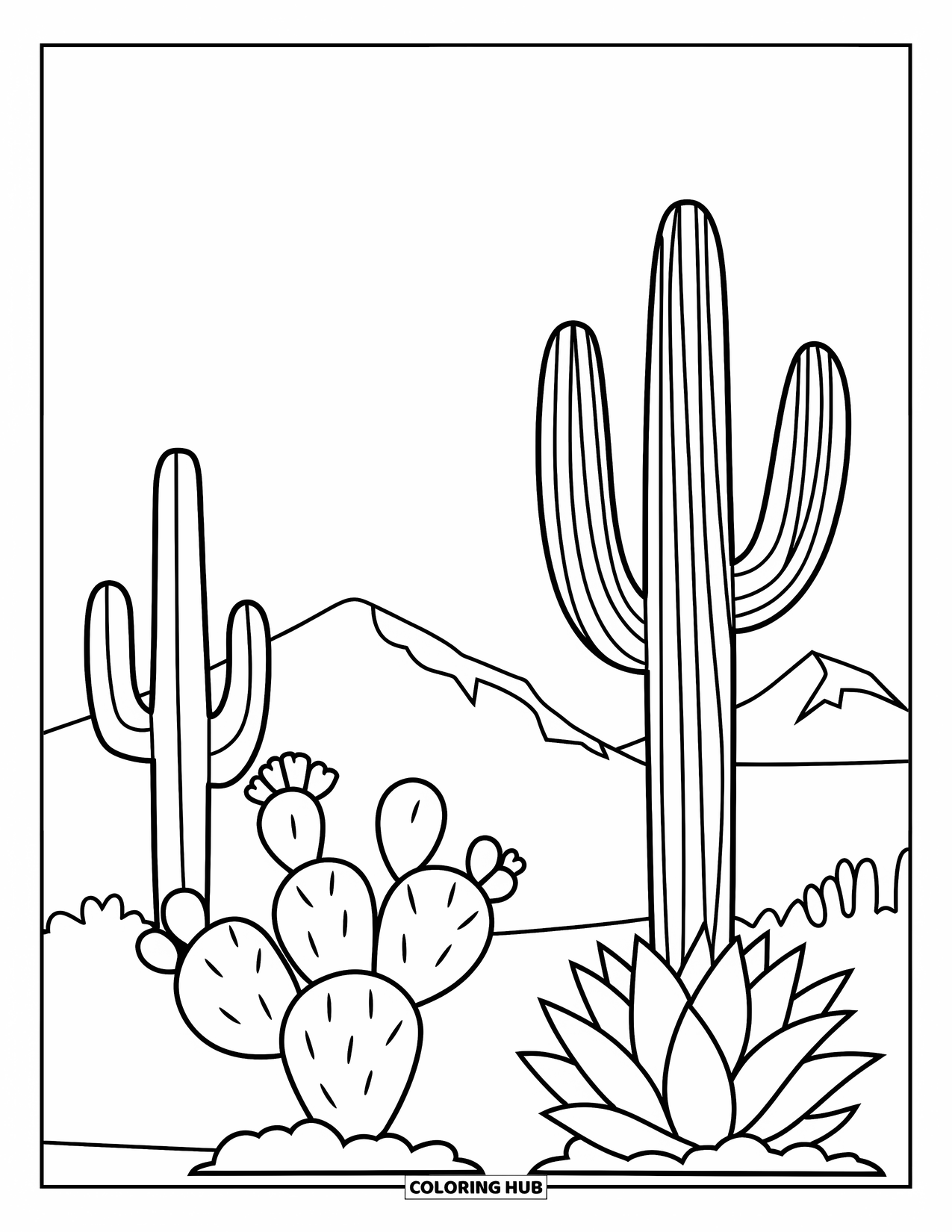 Arizona Coloring Page for Kids: A desert landscape with three cactus varieties and mountains