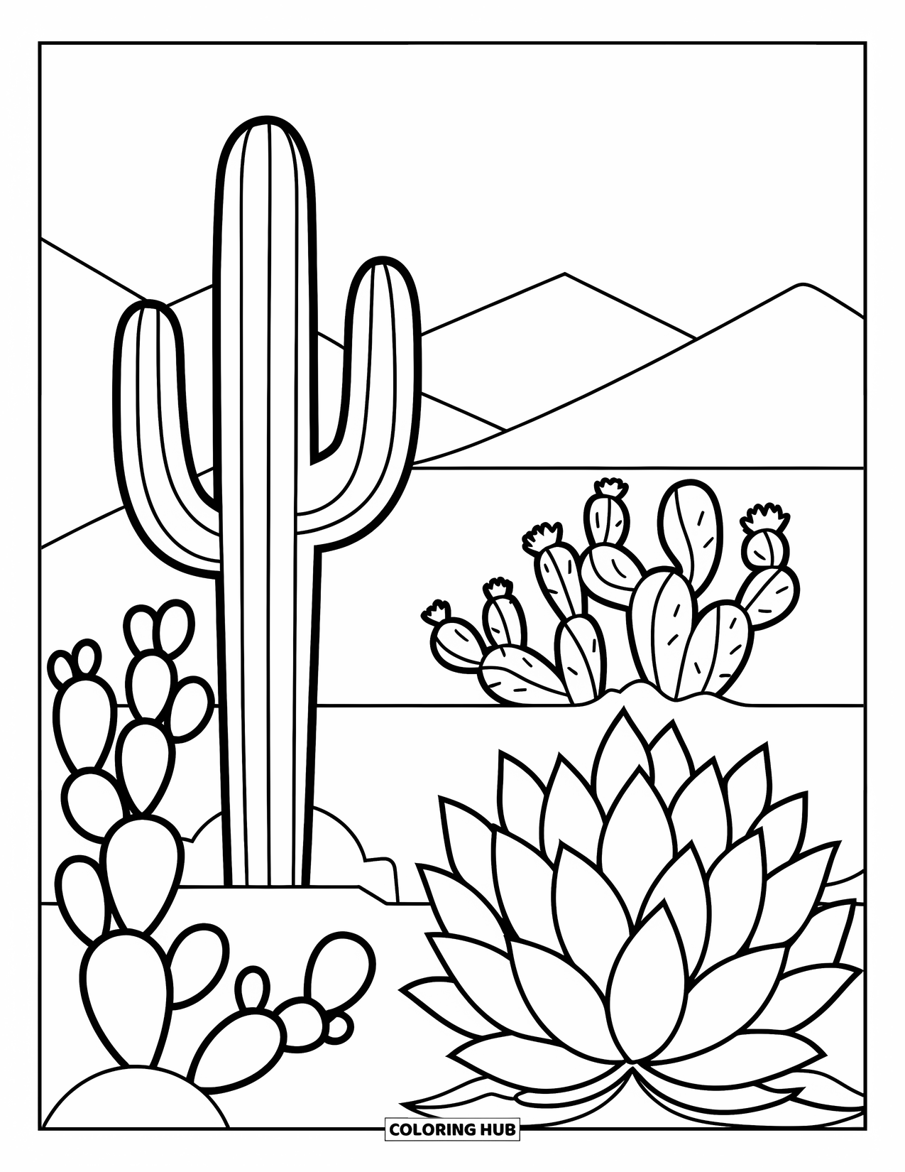 Arizona Coloring Page for Kids: A desert scene with saguaro, prickly pear, and blooming agave