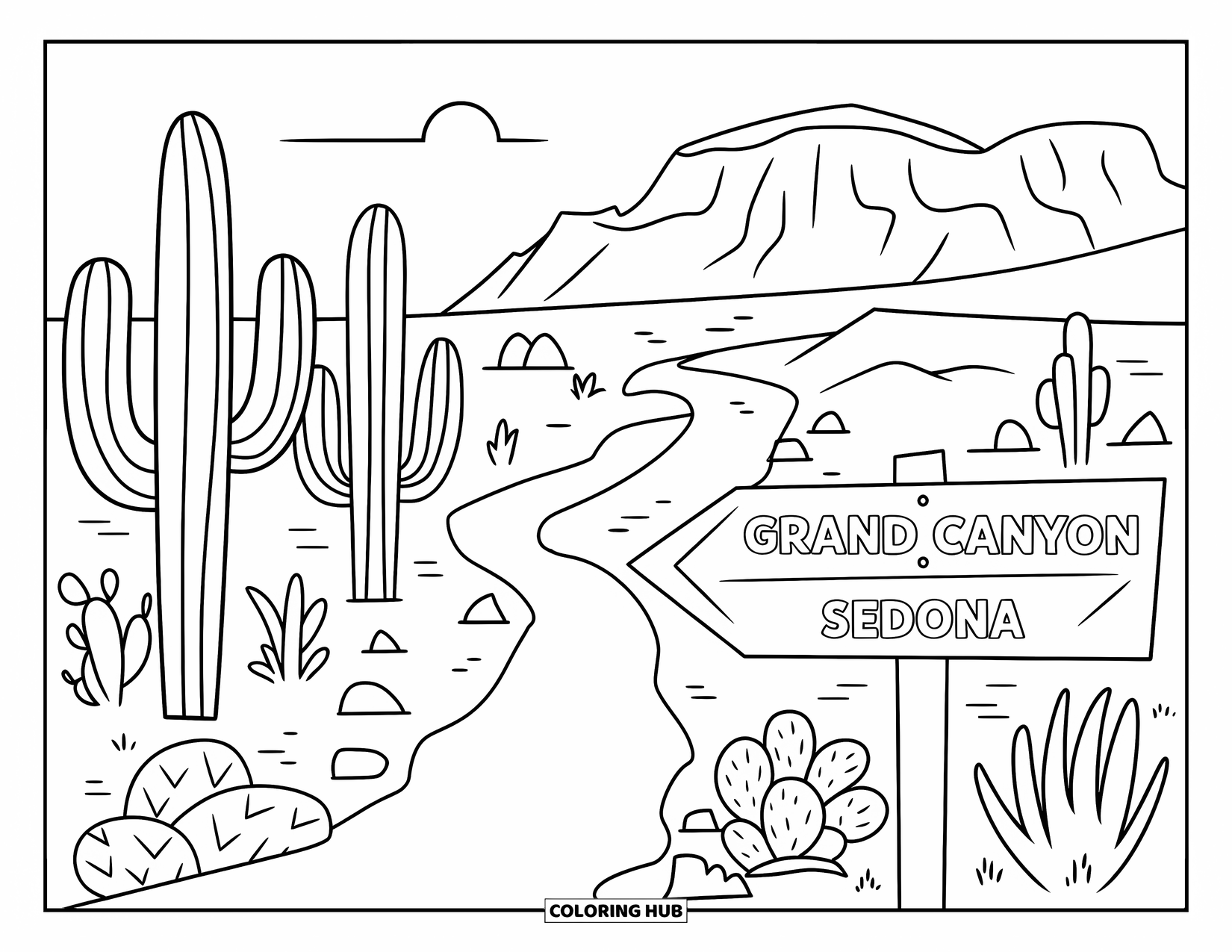 Arizona Coloring Page for Kids: A desert trail with a sign pointing to Grand Canyon and Sedona