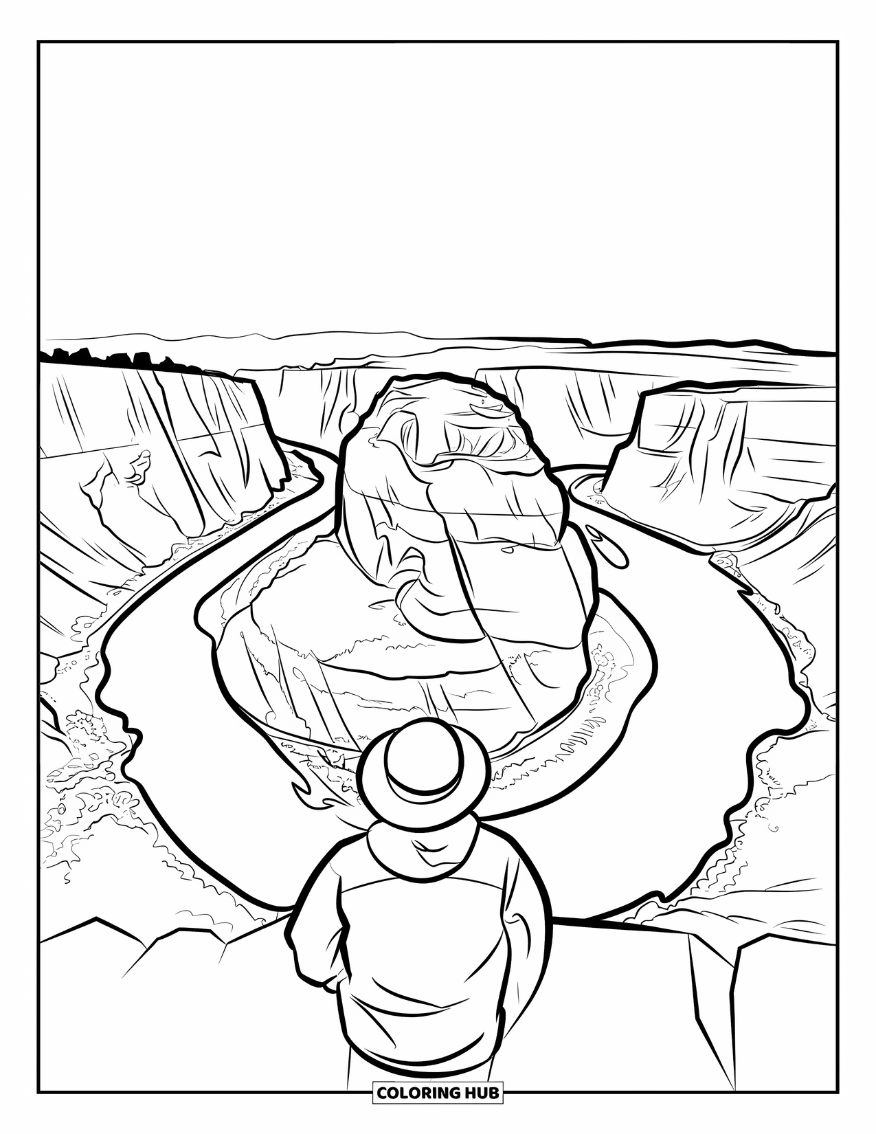 Arizona Coloring Page for Kids: A figure gazes at Horseshoe Bend with river and mesas below