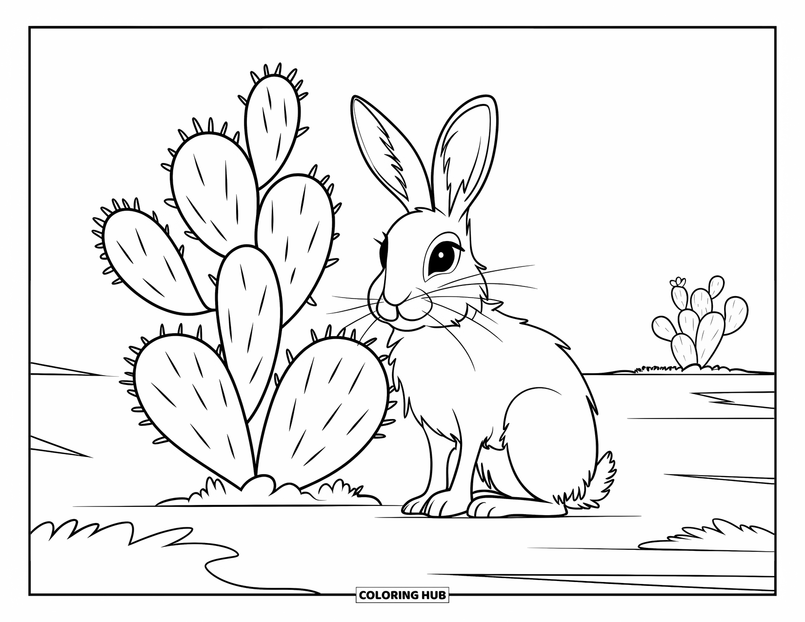 Arizona Coloring Page for Kids: A fluffy jackrabbit with big eyes sits near cactus
