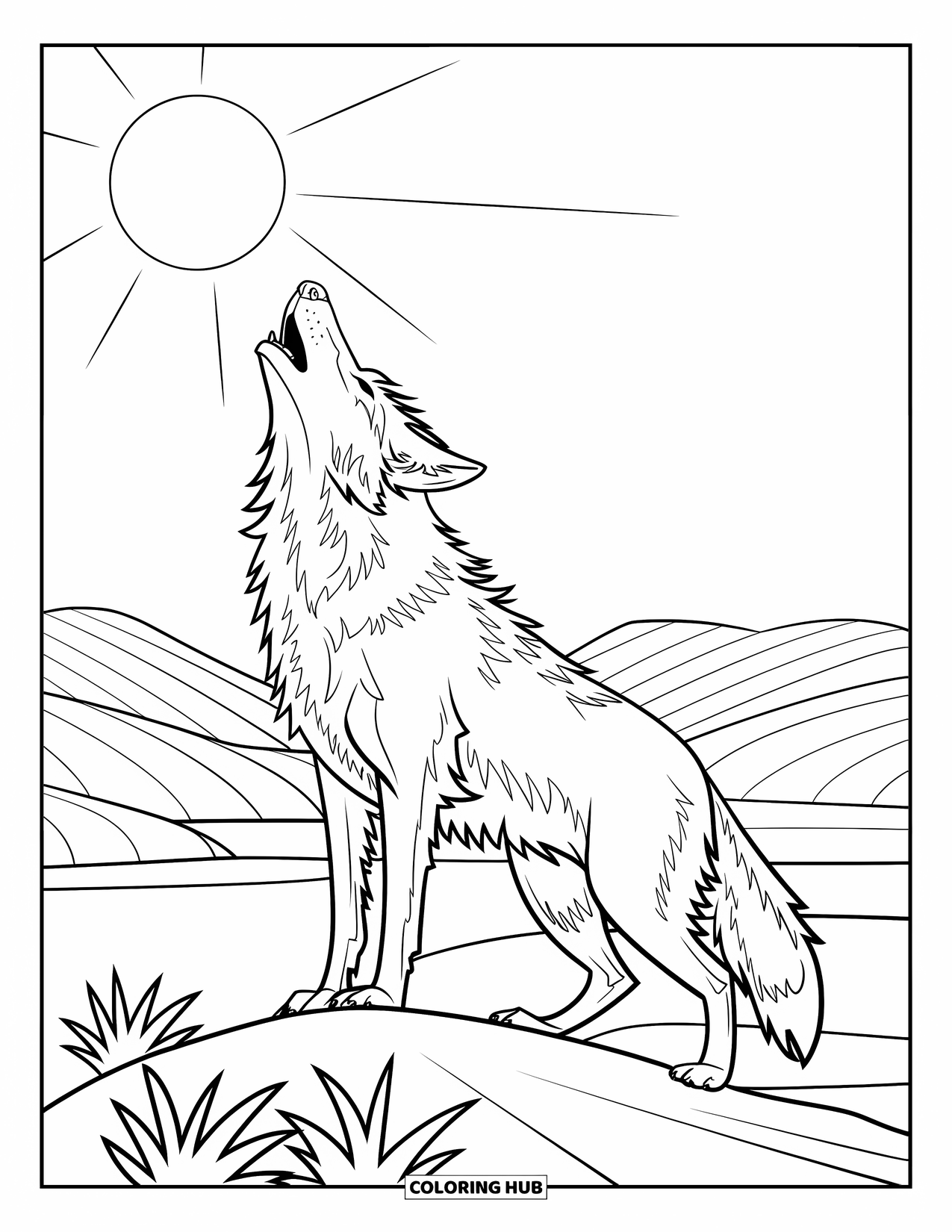 Arizona Coloring Page for Kids: A howling coyote arches under the bright desert sky