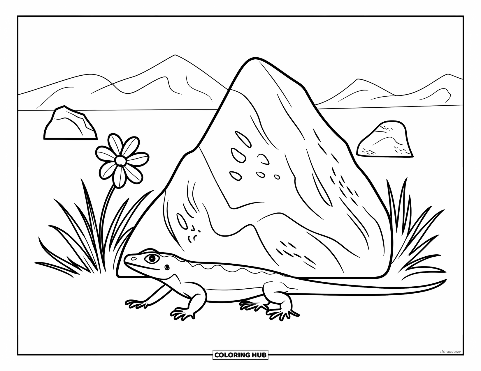 Arizona Coloring Page for Kids: A lizard crawls by a rock with a flower nearby