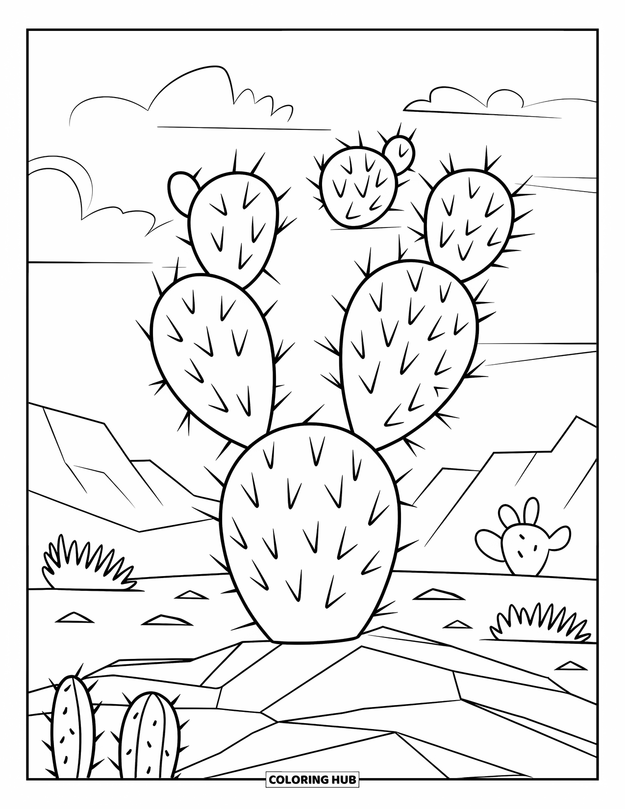 Arizona Coloring Page for Kids: A prickly pear cactus grows among rocks and clouds