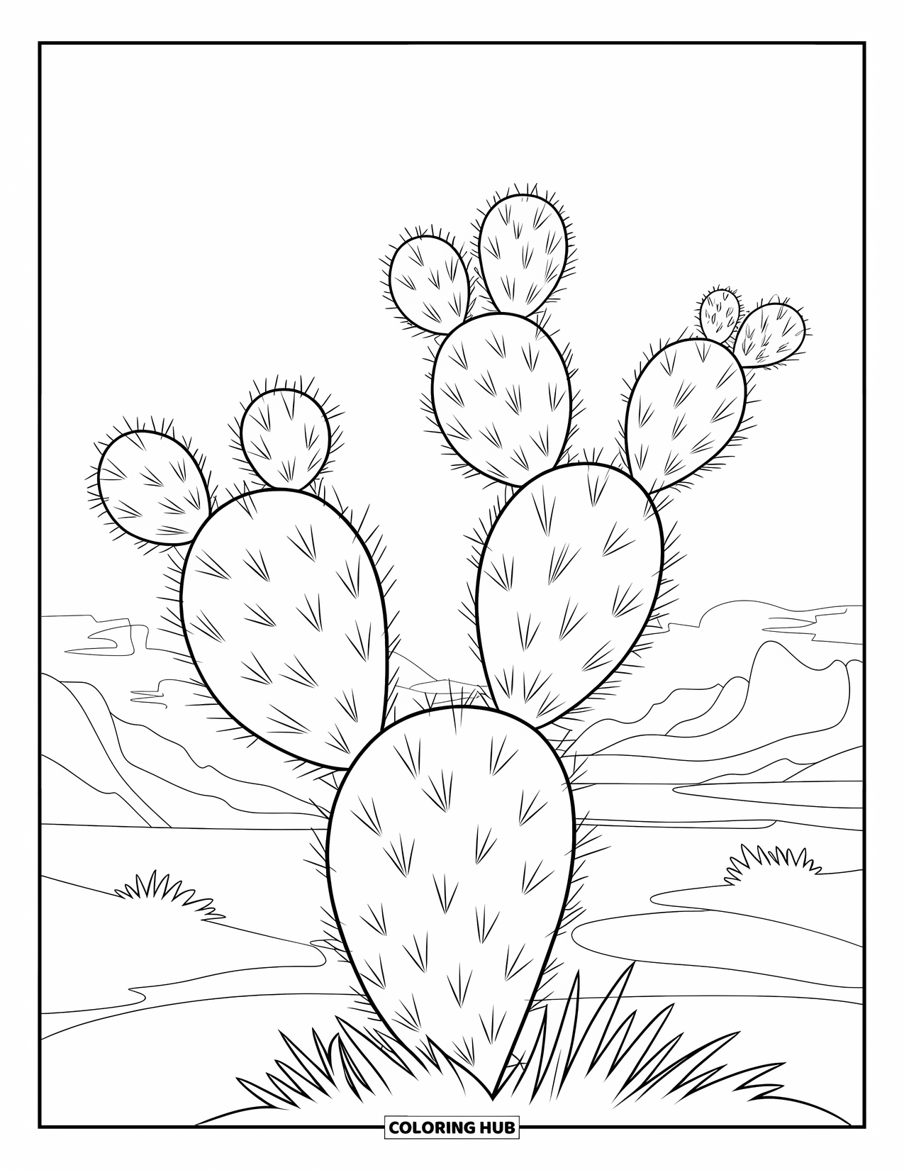 Arizona Coloring Page for Kids: A prickly pear cactus with three large pads stands tall