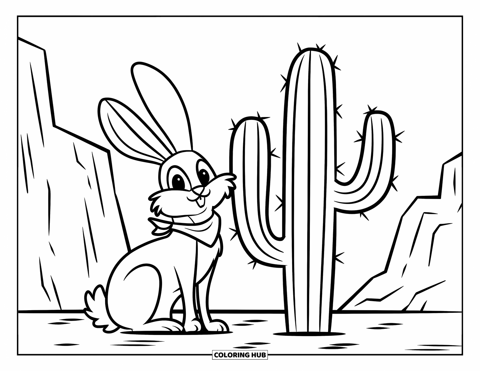 Arizona Coloring Page for Kids: A rabbit with a bandana sits by a cactus